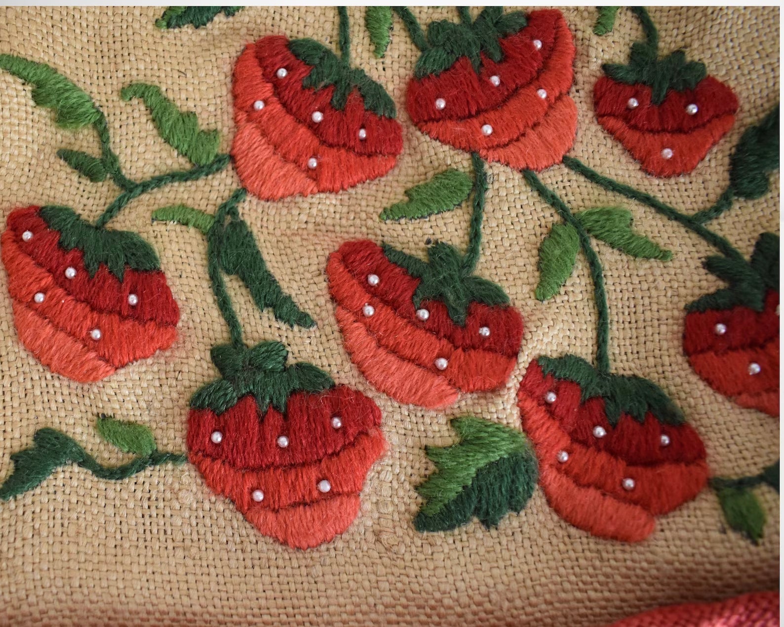 Close up of the embroidered strawberries on the front, with green leaves and small white pearl beaded seeds and red trim.
