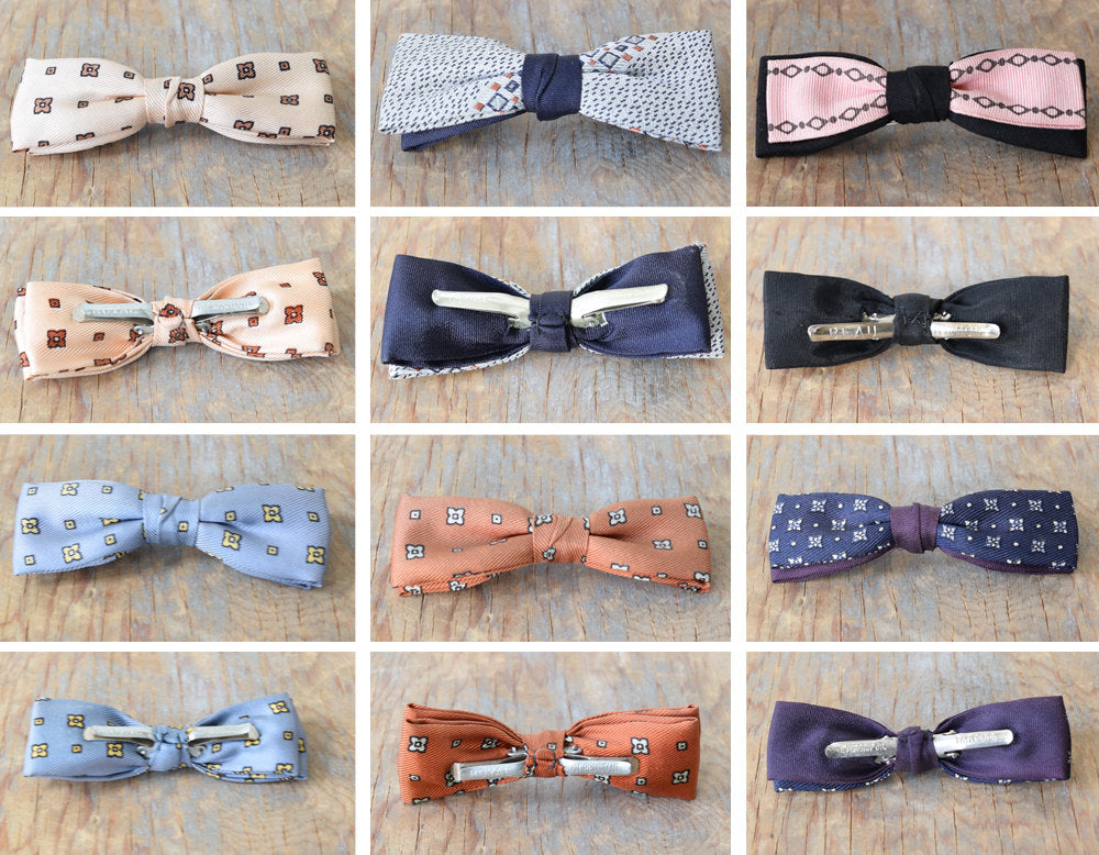 back view of different types of clip on bow ties on all sorts of colors and prints showing their clip