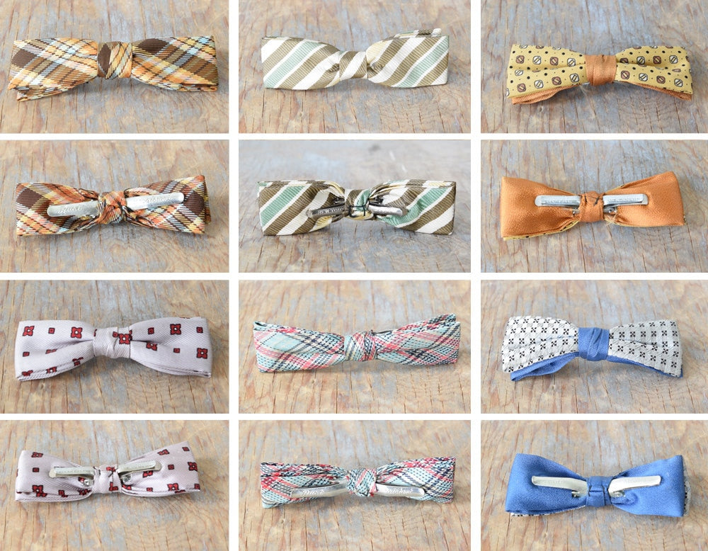 back view of different types of clip on bow ties on all sorts of colors and prints showing their clip