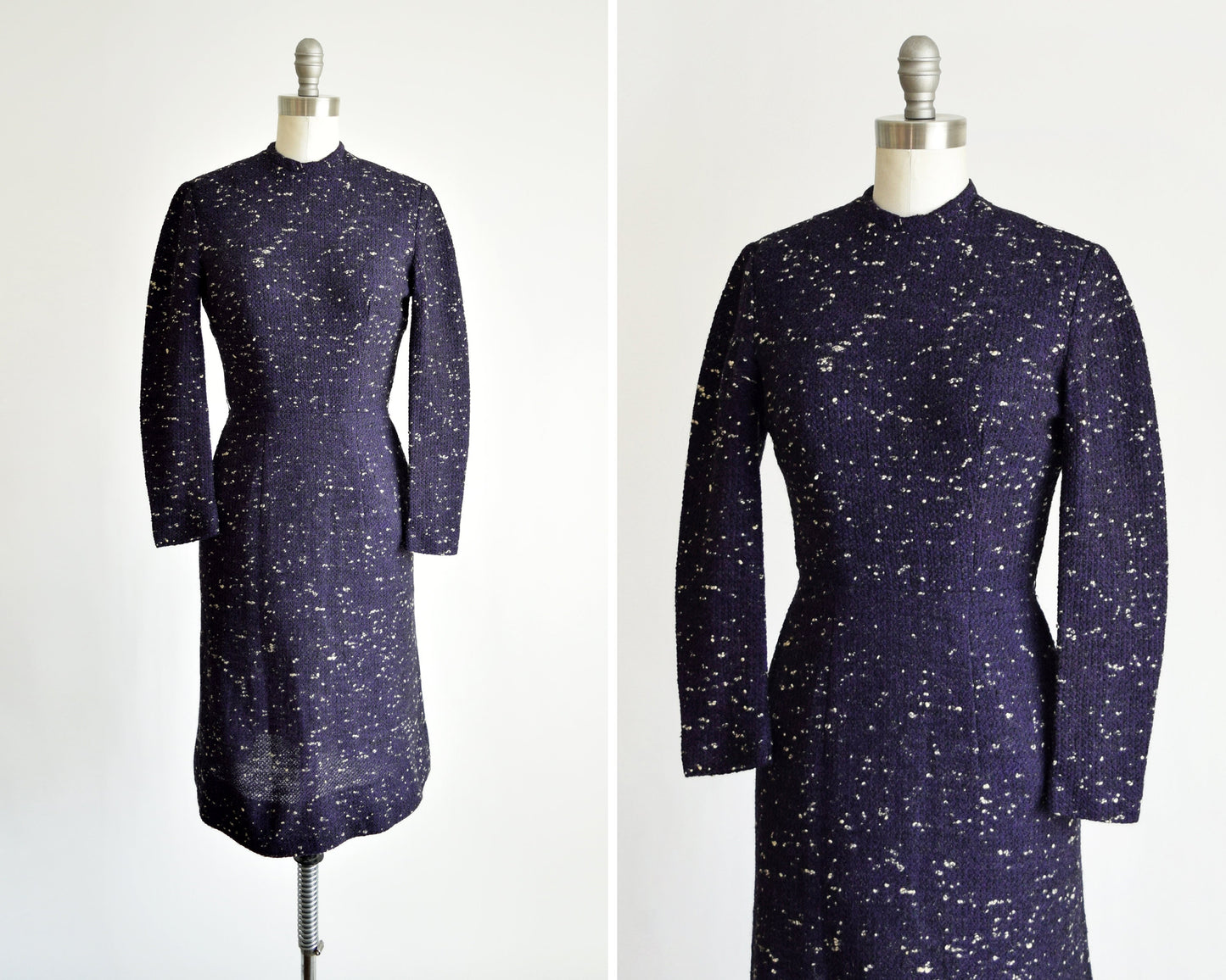 Side by side front view of a vintage 50s dress that has black and purple wool with white flecked spots on a dress form.
