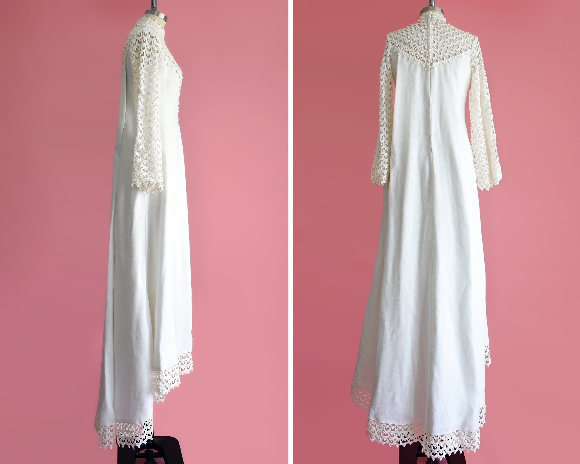 side and back view of vintage 60s linen wedding dress with crochet lace sleeves and crochet hem