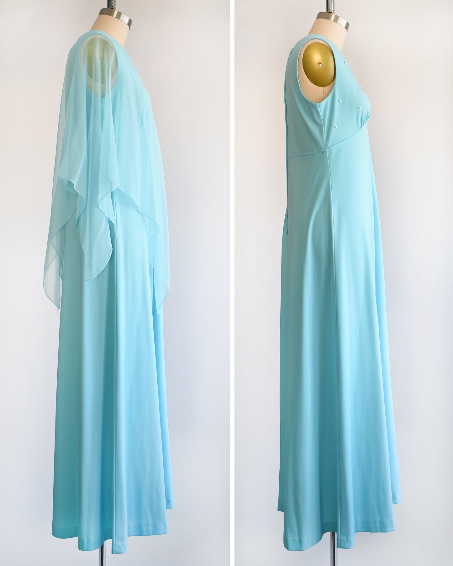 Side views of a vintage 70s blue maxi dress with matching semi-sheer blue cape overlay. The right photo shows the dress without the cape. The dress is on a dress form.