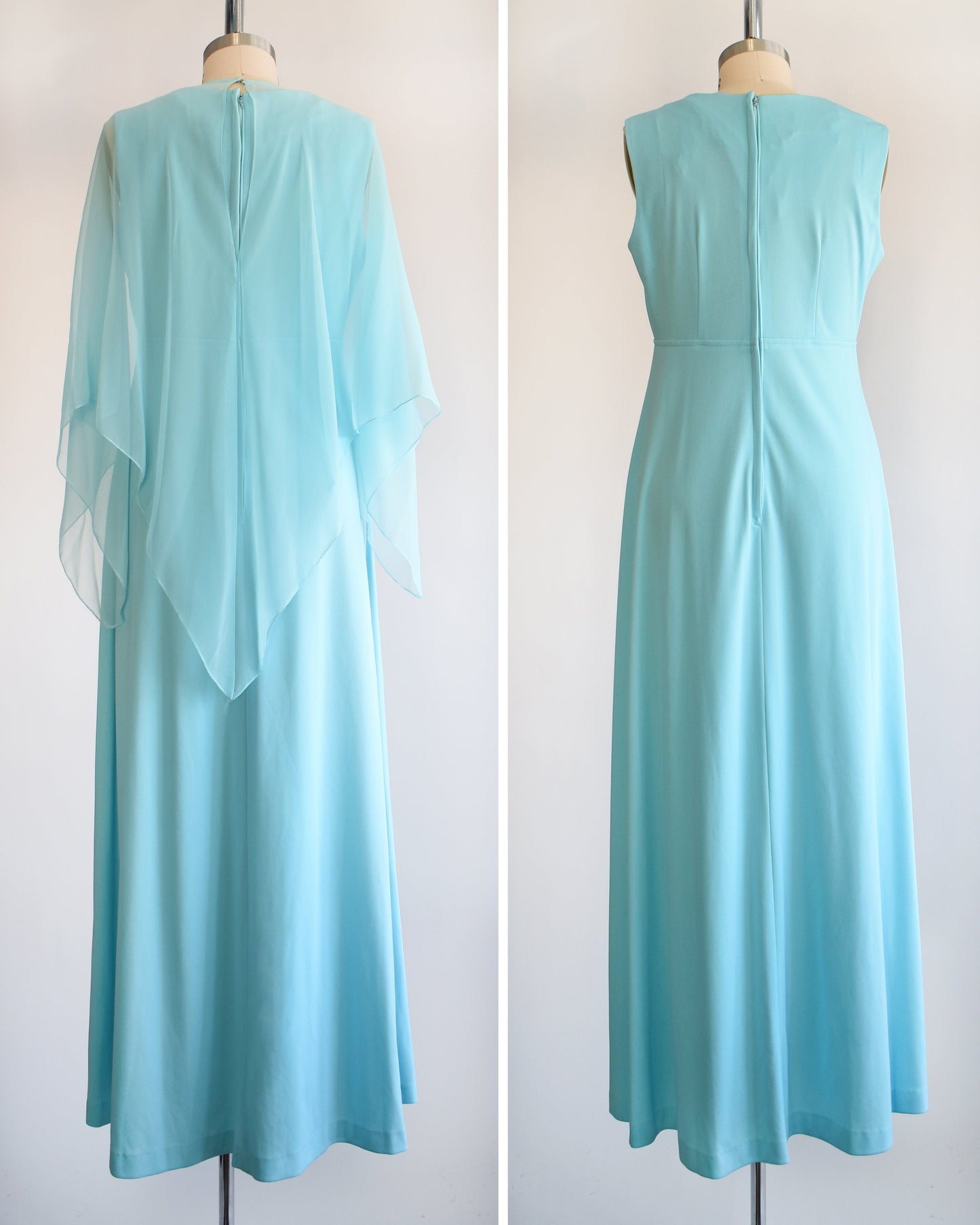 Back view of a vintage 70s blue maxi dress with matching semi-sheer blue cape overlay. The right photo shows the dress without the cape. The dress is on a dress form.