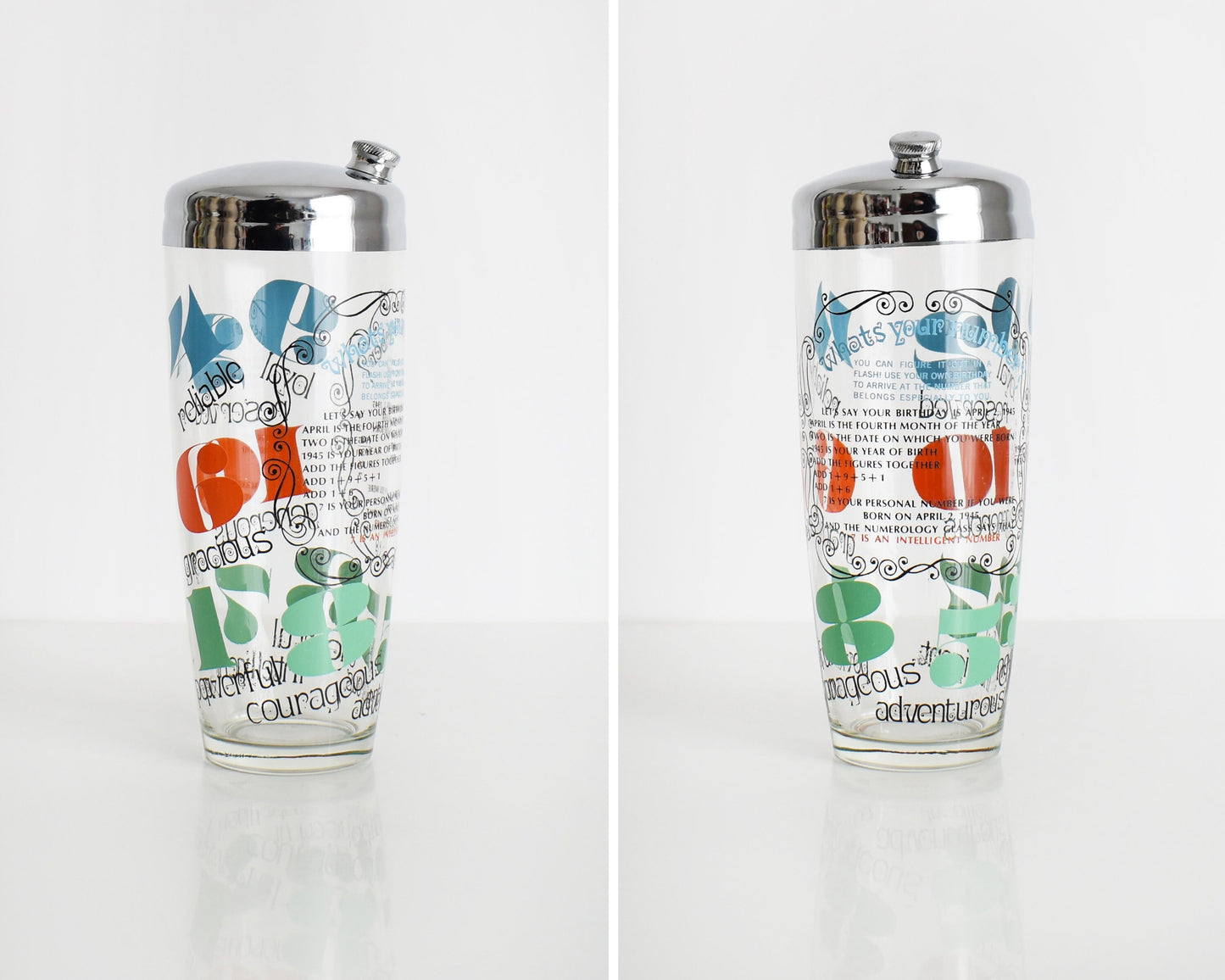 Side by side photos of different angles of a mid century cocktail shaker has a numerology game with colorful numbers with one word trait explanations underneath. The shaker has a chrome metal lid with screw on spout.