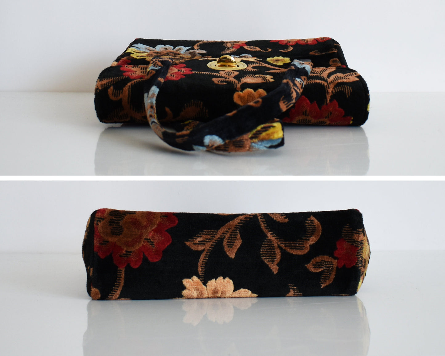 Top and bottom view of a vintage black floral velvet chenille handbag on a white table. The flowers are red, blue, yellow and have brown stems and leaves.
