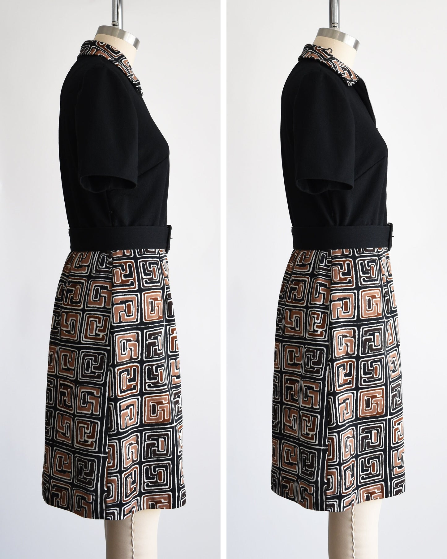 Side by side views of a vintage 60s dress that has a matching geometric print brown, black and white collar and skirt. Zip up front. Matching black belt. Short sleeves. The dress is on a dress form. The left shows the dress zipped up all the way
