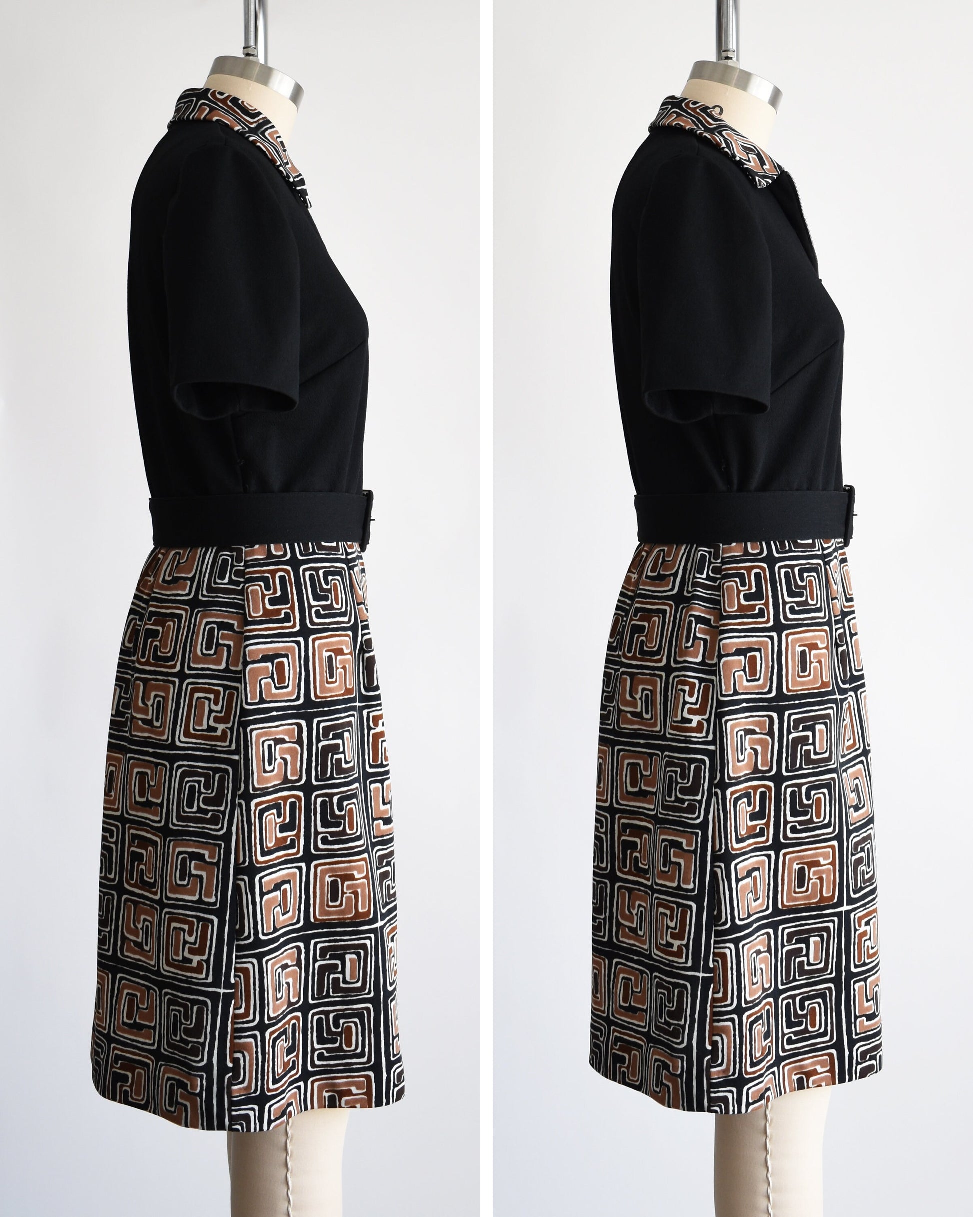 Side by side views of a  vintage 60s dress that has a matching geometric print brown, black and white collar and skirt. Zip up front. Matching black belt. Short sleeves. The dress is on a dress form. The left shows the dress zipped up all the way