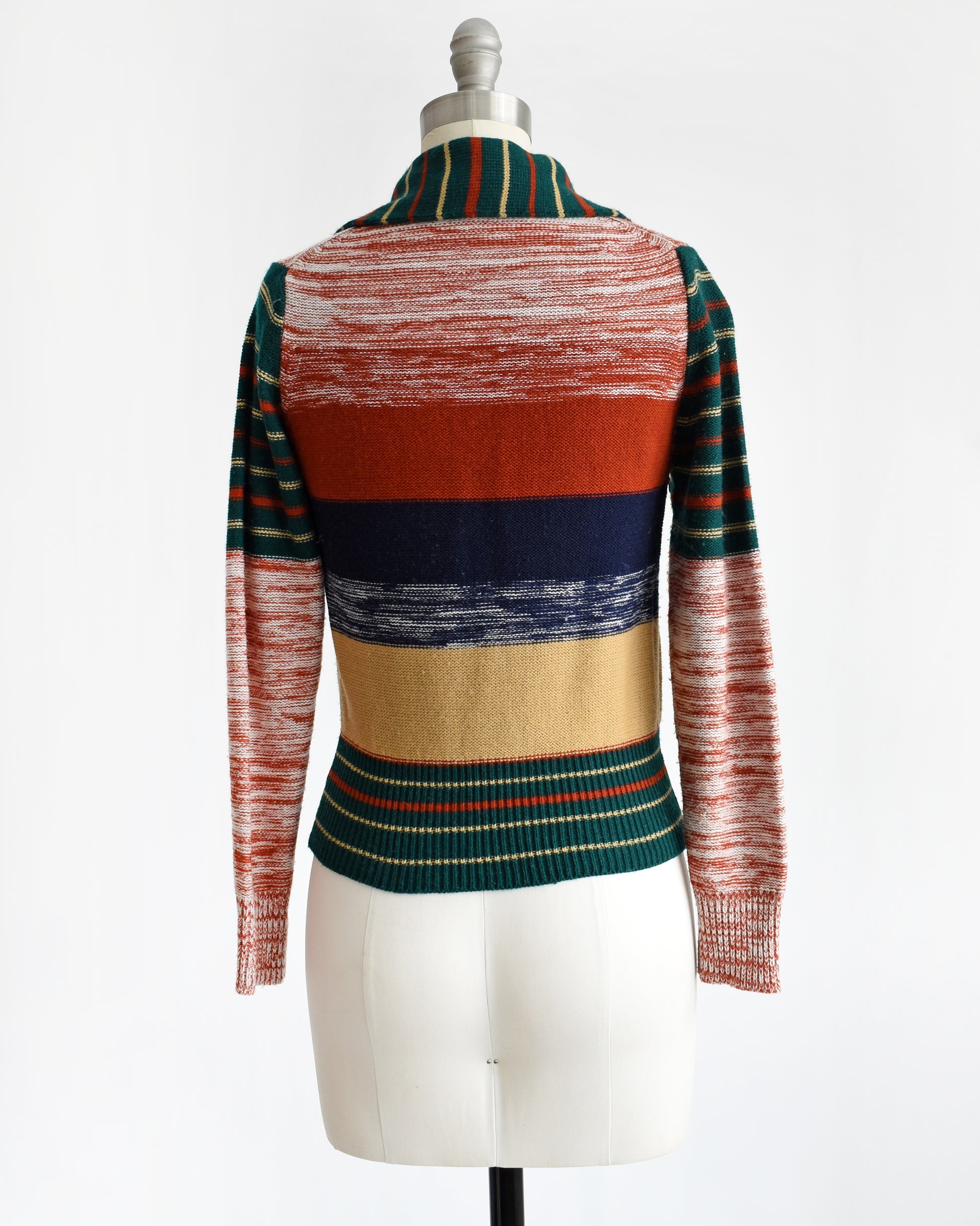 back view of a vintage 1970s scenic novelty space dye cardigan