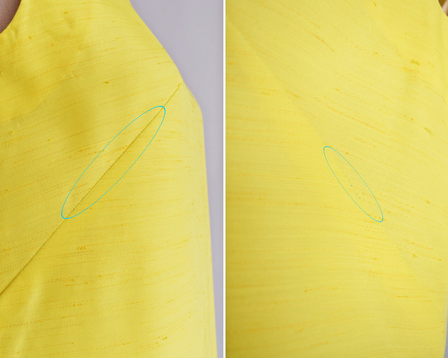 close up of some small pen dots on the busts of the dress