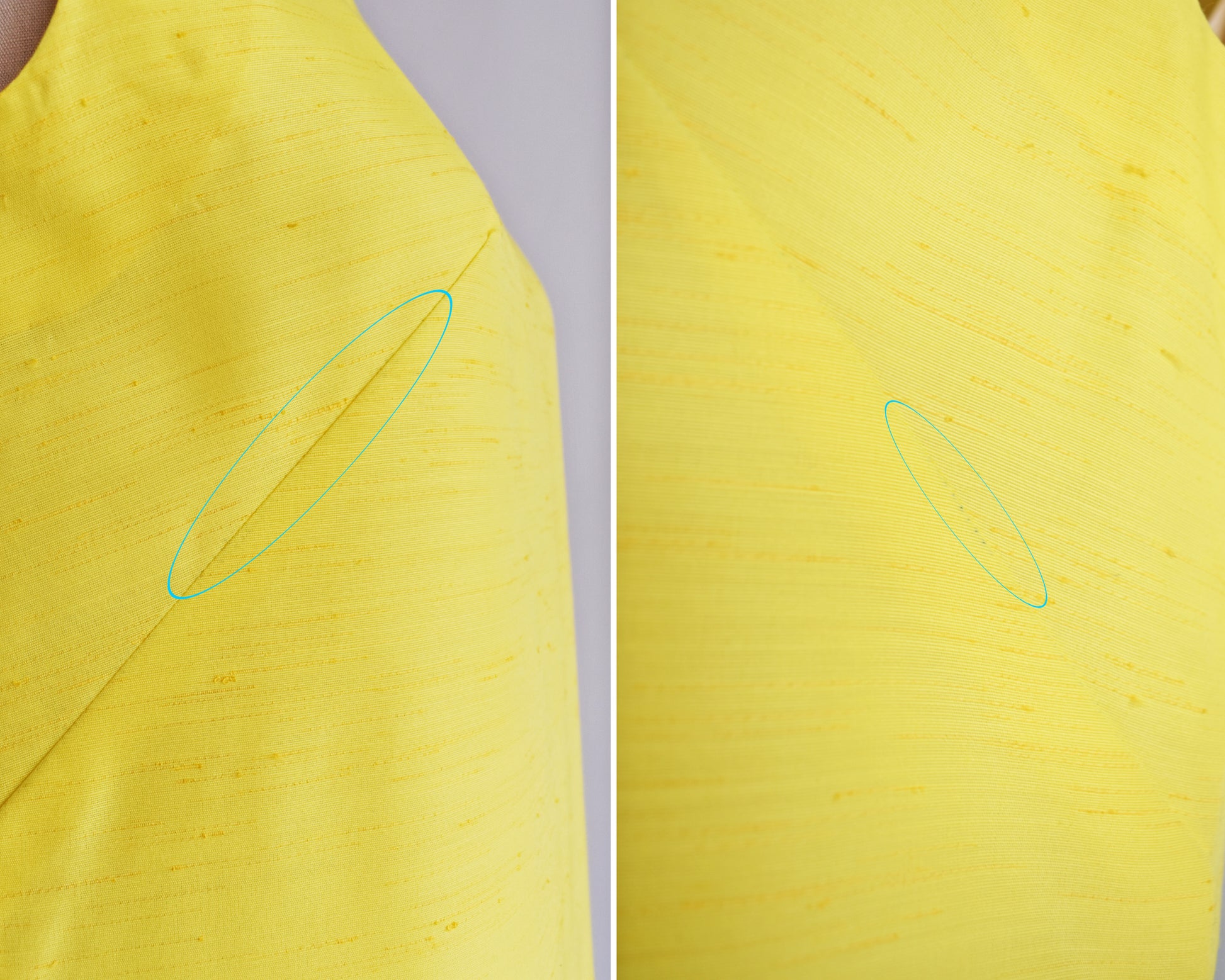 close up of some small pen dots on the busts of the dress