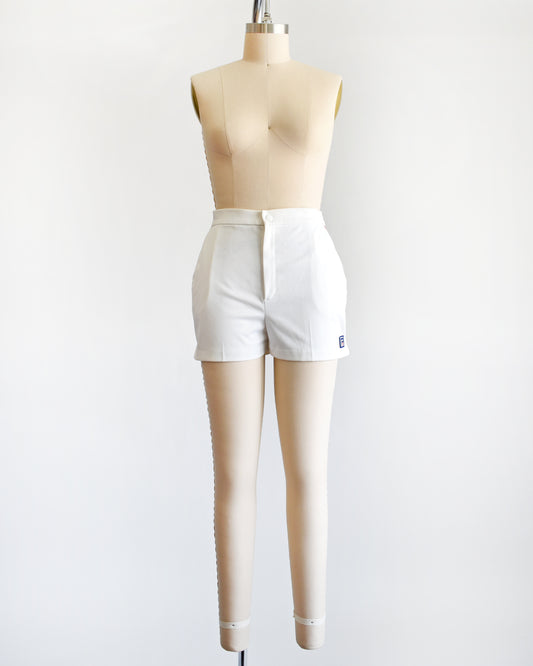 a vintage 1970s white tennis shorts on a dress form