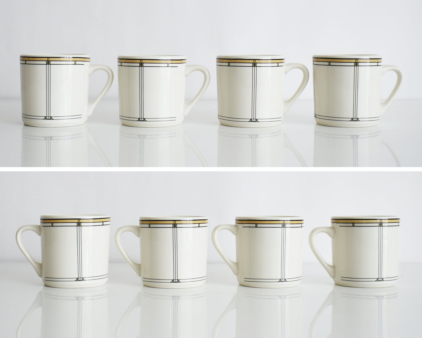 a split photo of a set of four vintage Frank Lloyd Wright Martin House white mugs with gold trim on a white background