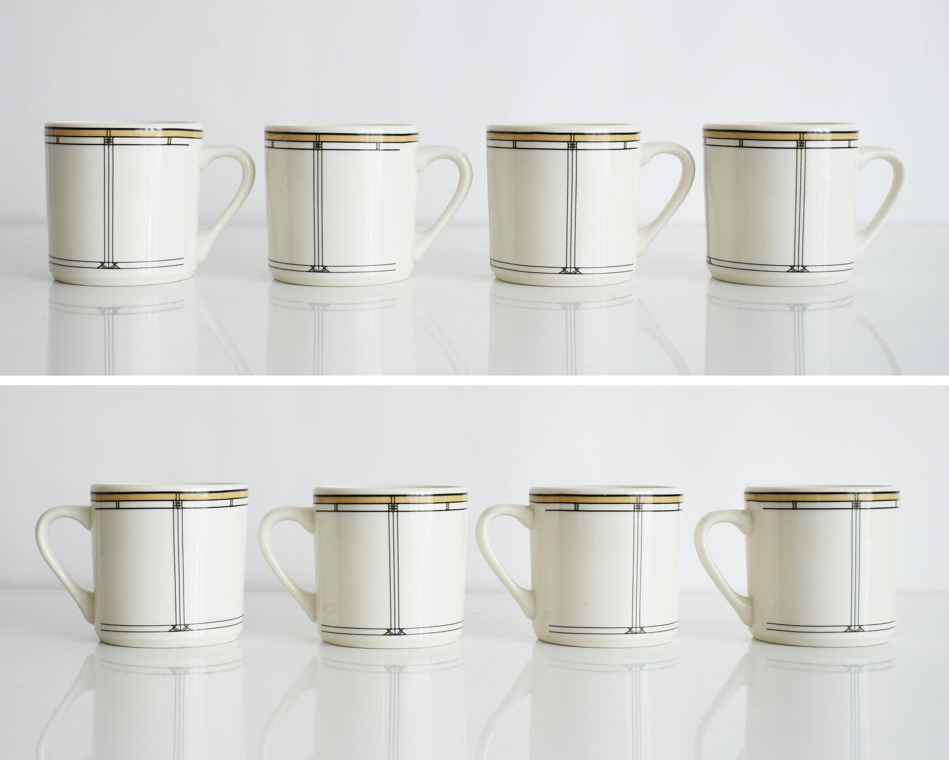 a split photo of a set of four vintage Frank Lloyd Wright Martin House white mugs with gold trim on a white background