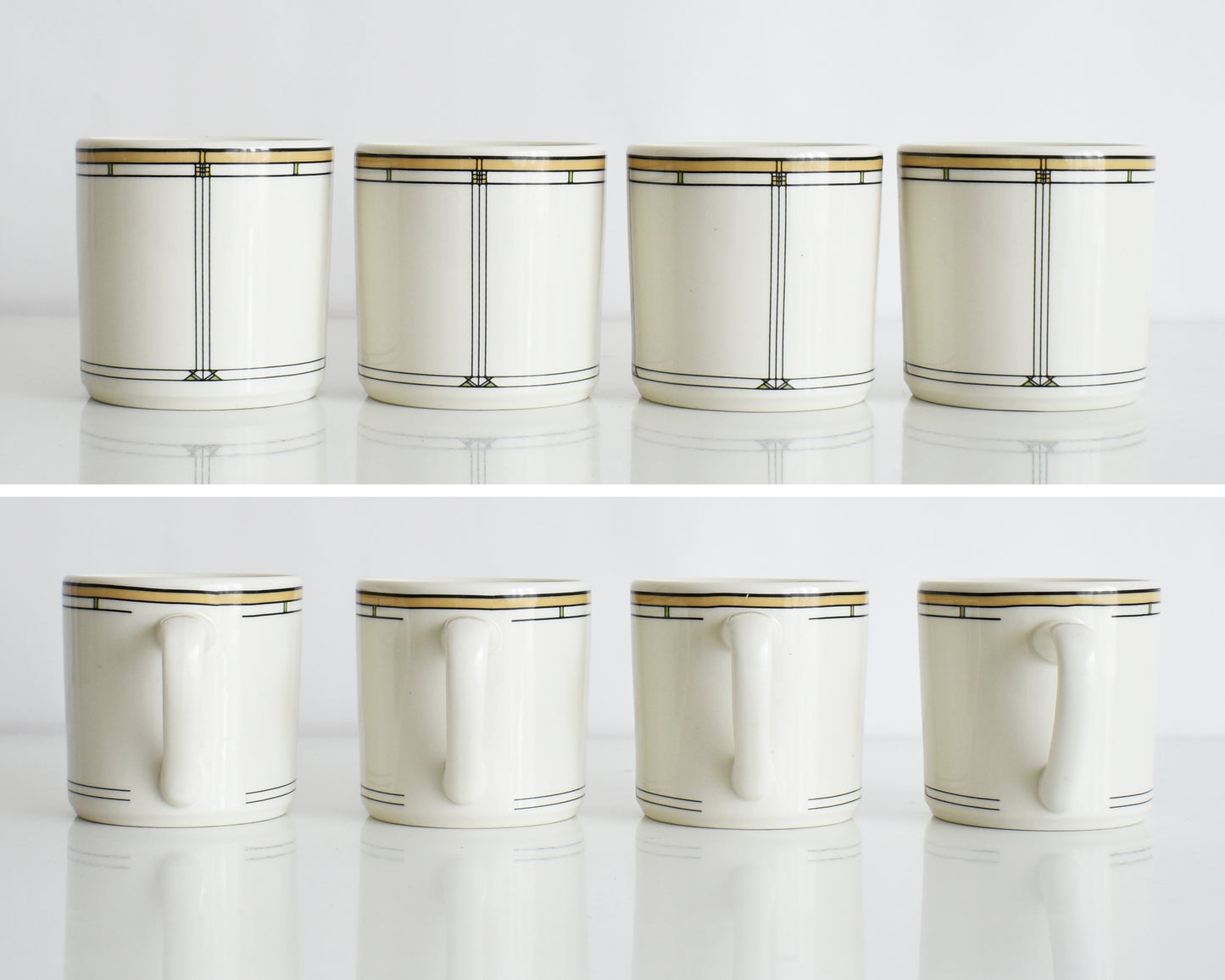 a split photo of a set of four vintage Frank Lloyd Wright Martin House white mugs with gold trim on a white background