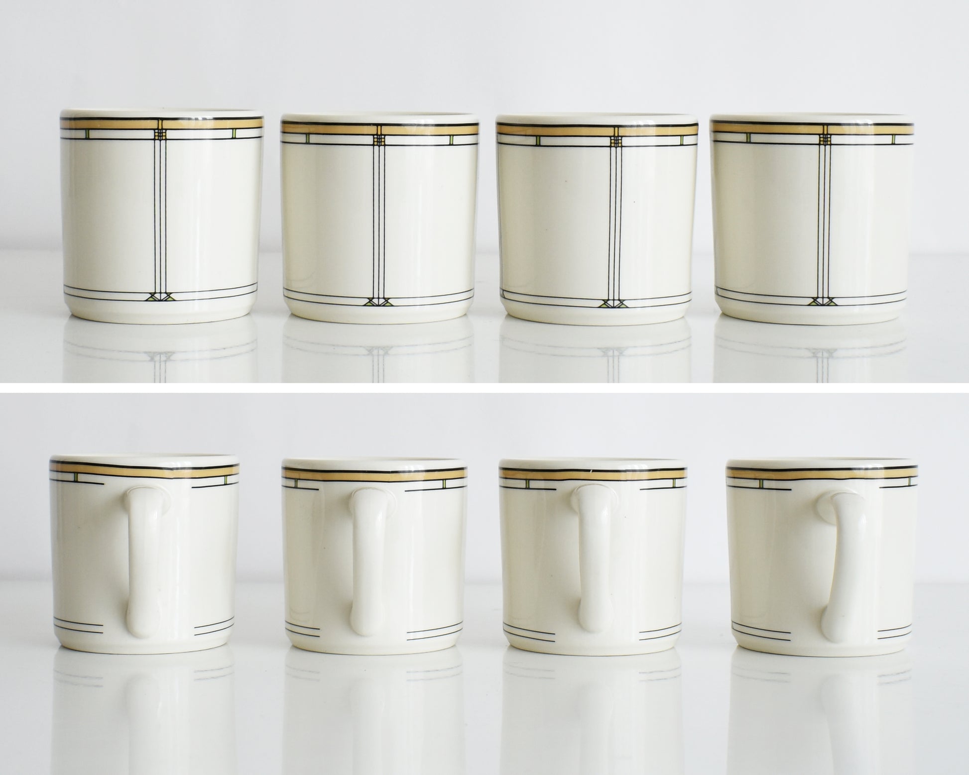 a split photo of a set of four vintage Frank Lloyd Wright Martin House white mugs with gold trim on a white background