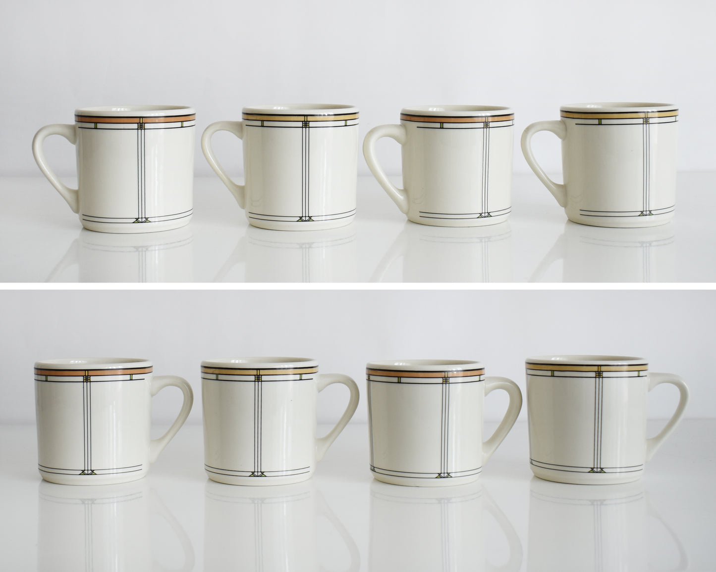 a split photo showing both sides of a set of four vintage Frank Lloyd Wright Martin House white mugs with gold trim on a white background