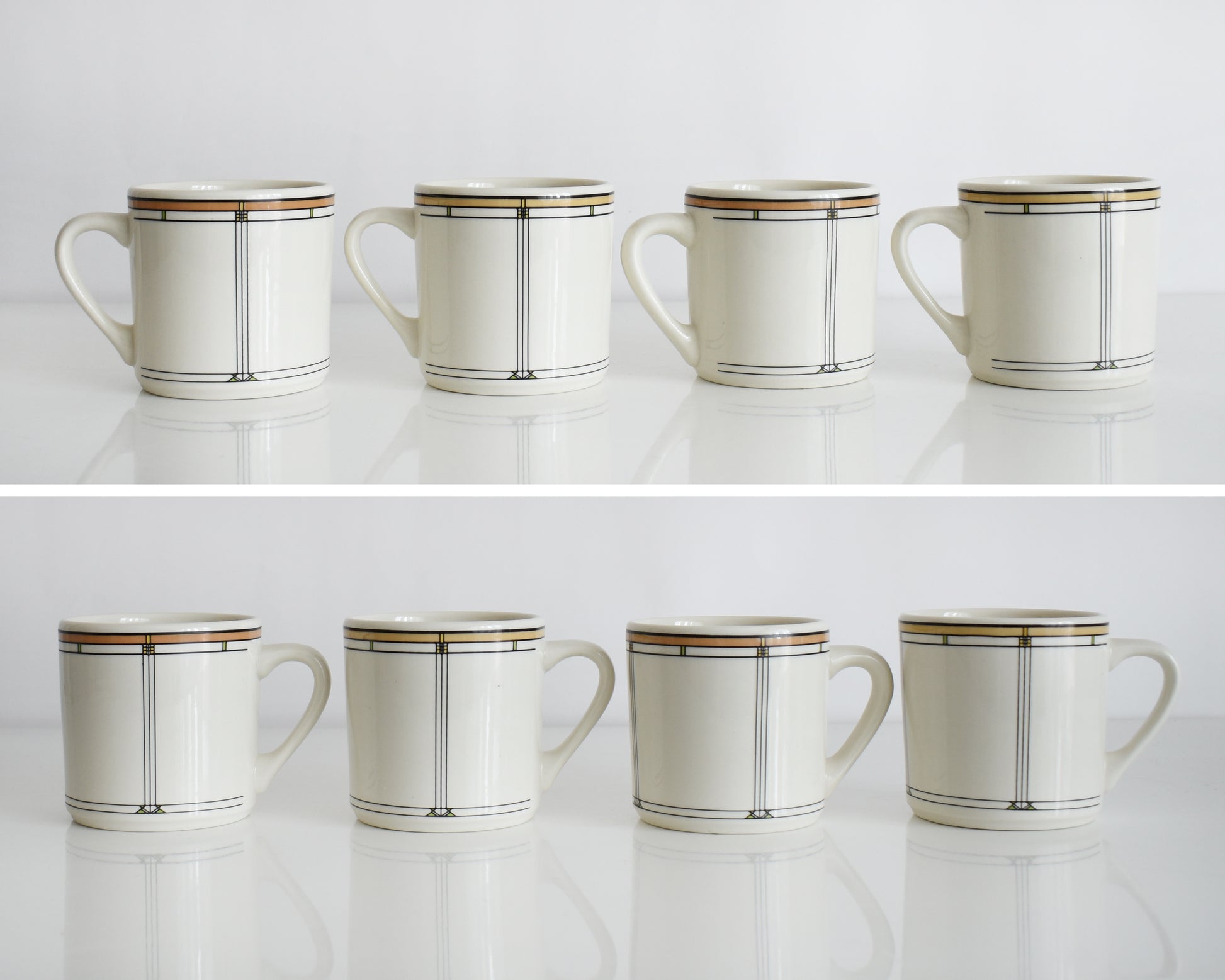 a split photo showing both sides of a set of four vintage Frank Lloyd Wright Martin House white mugs with gold trim on a white background