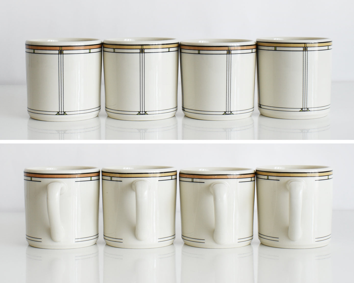 a split photo showing both sides of a set of four vintage Frank Lloyd Wright Martin House white mugs with gold trim on a white background