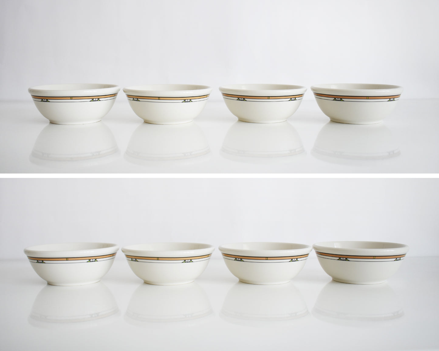split photo view of a set of four Frank Lloyd Wright Martin House white bowls with brown geometric patterns on a white background