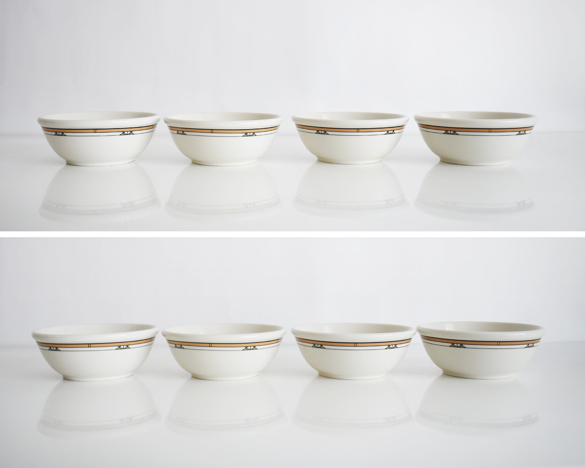 split photo view of a set of four Frank Lloyd Wright Martin House white bowls with brown geometric patterns on a white background
