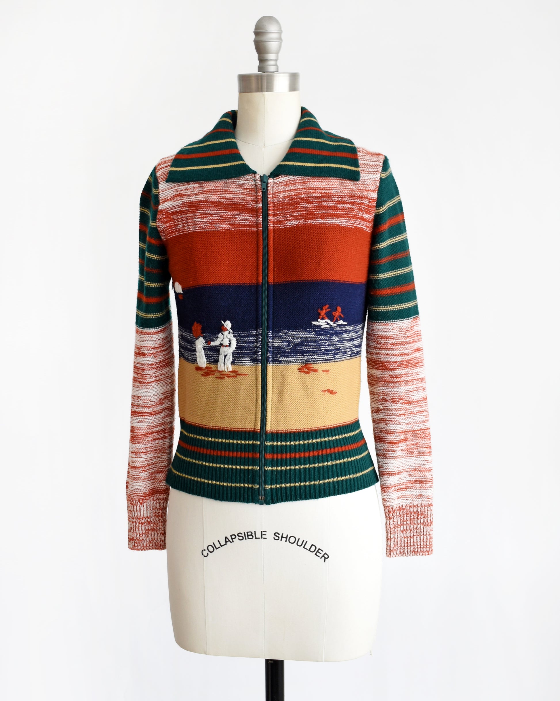 side front view of a vintage 1970s scenic novelty space dye cardigan