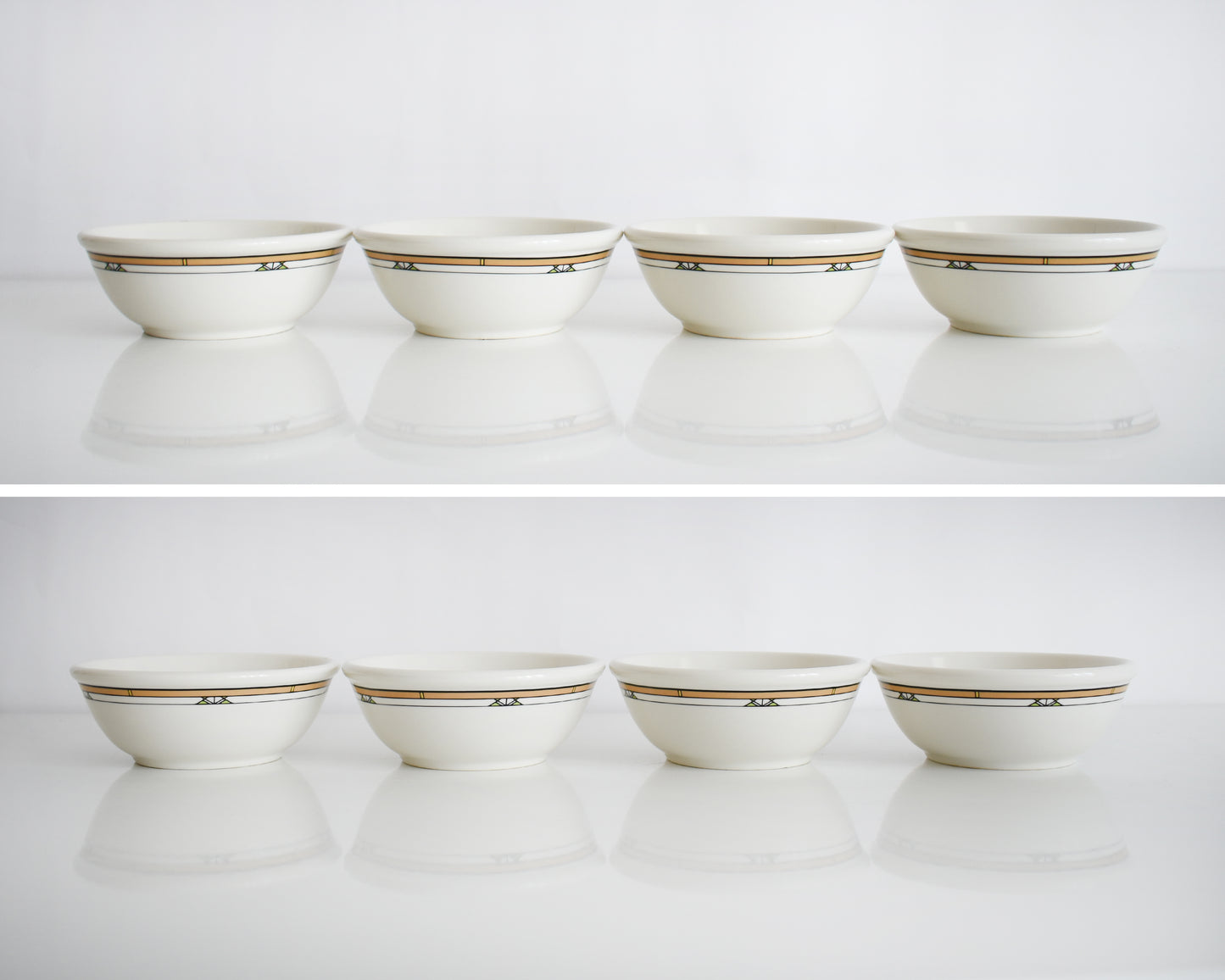 split photo view of a set of four Frank Lloyd Wright Martin House white bowls with brown geometric patterns on a white background