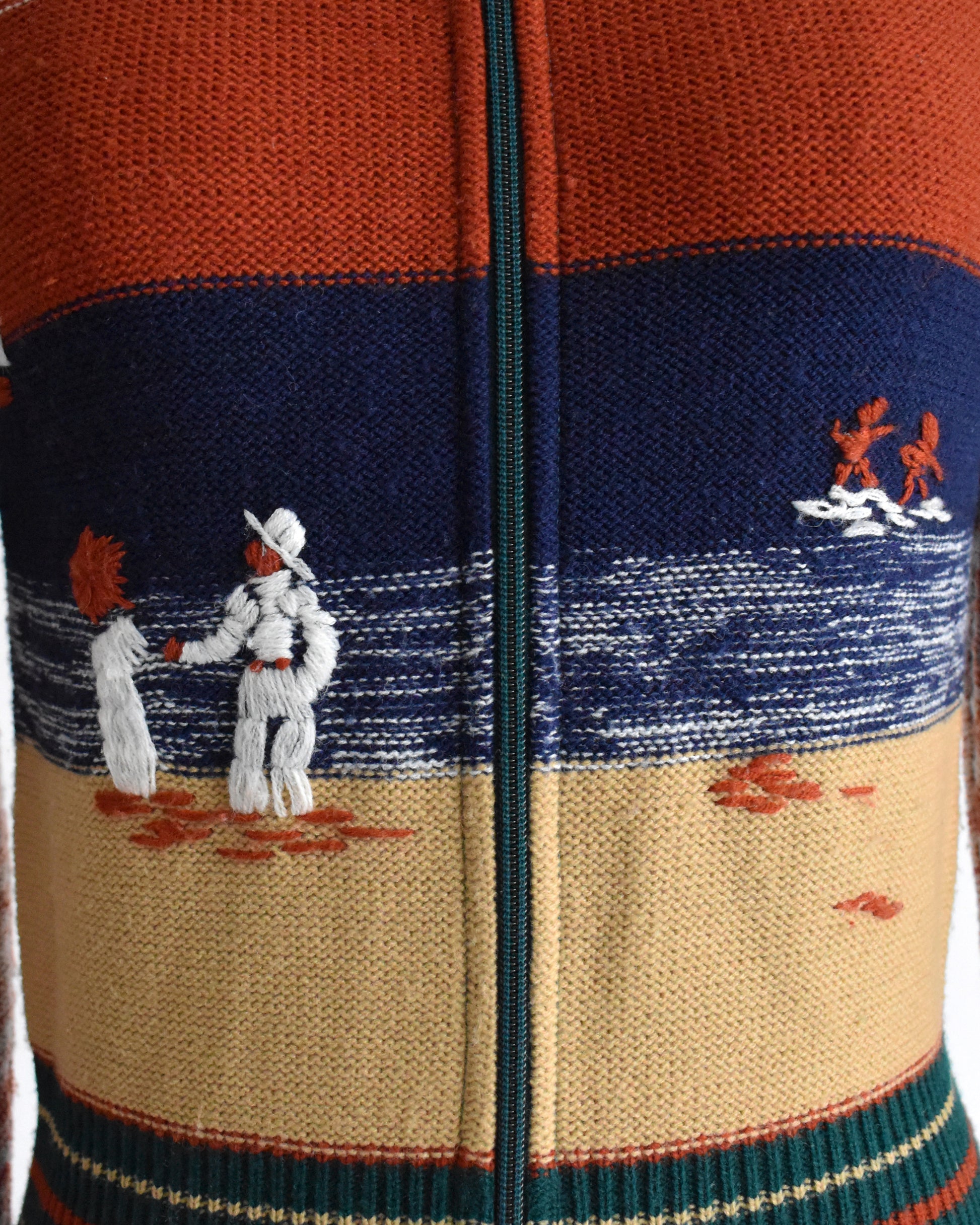 close up of the embroidered beach scene 