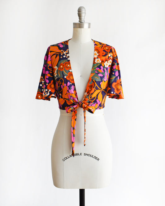 a vintage 70s floral wrap blouse