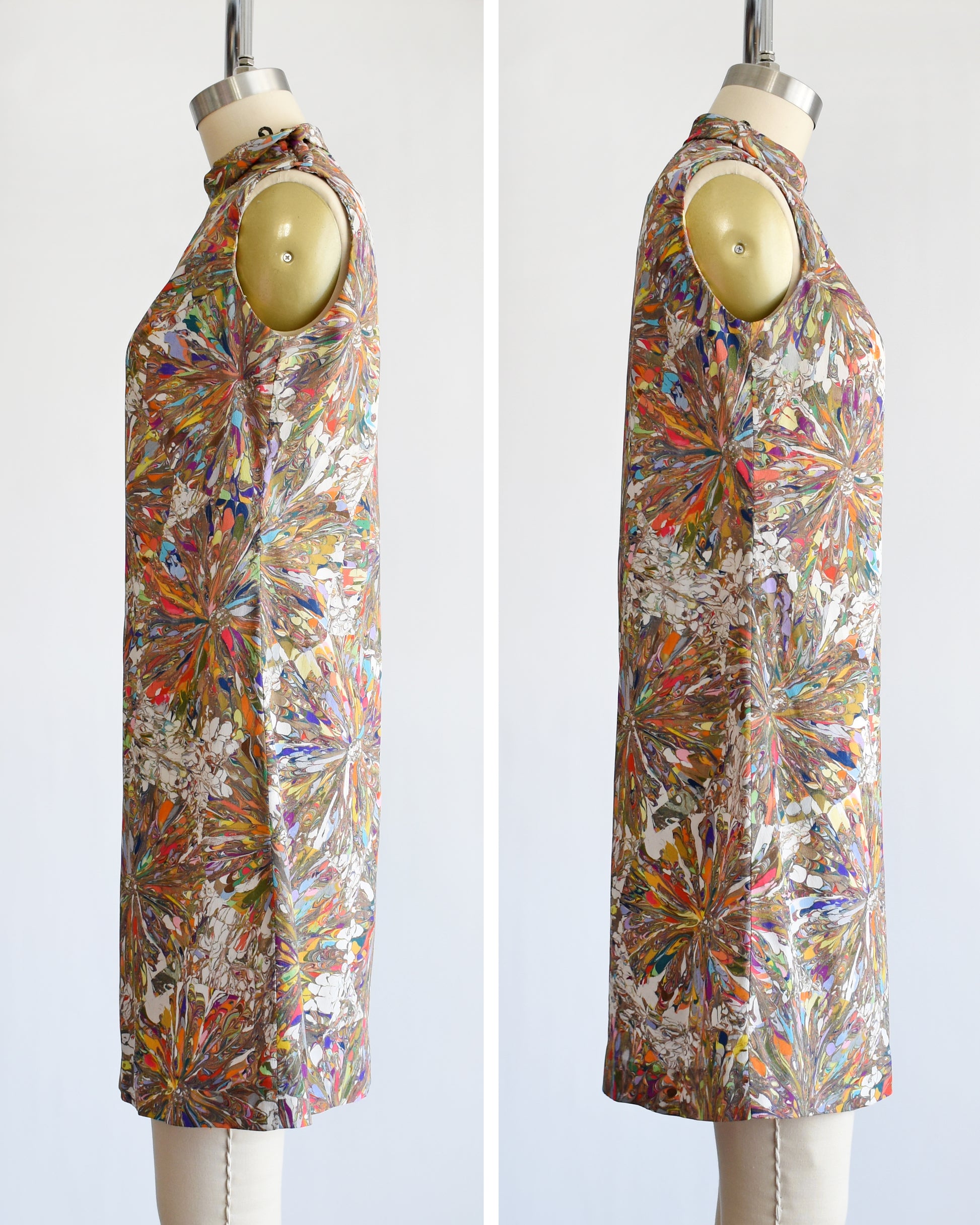 side views of a vintage 1960s mod mini dress that has a multicolored psychedelic kaleidoscope print