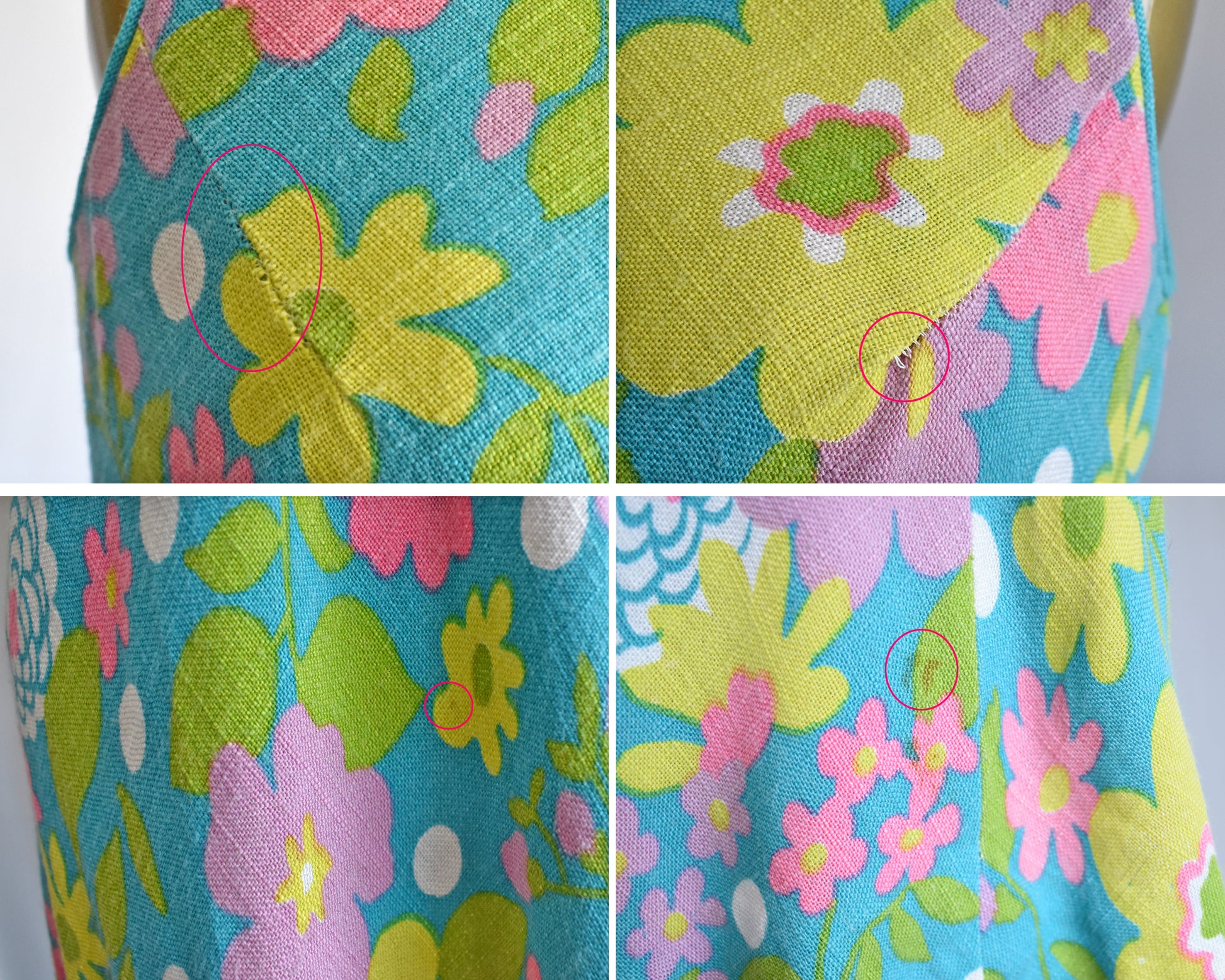 A photo collage of small flaws which include some seam stressing on the bust darts (top photos) and some small marks on the skirt of the dress (bottom photos)