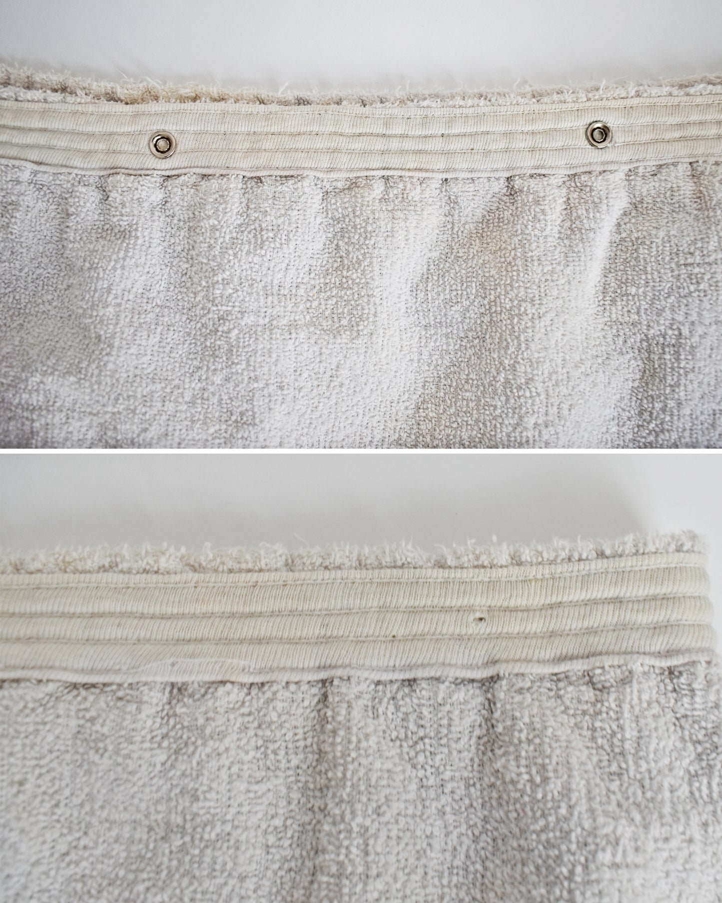 top and bottom photos of the inside waistband which has some small flaws