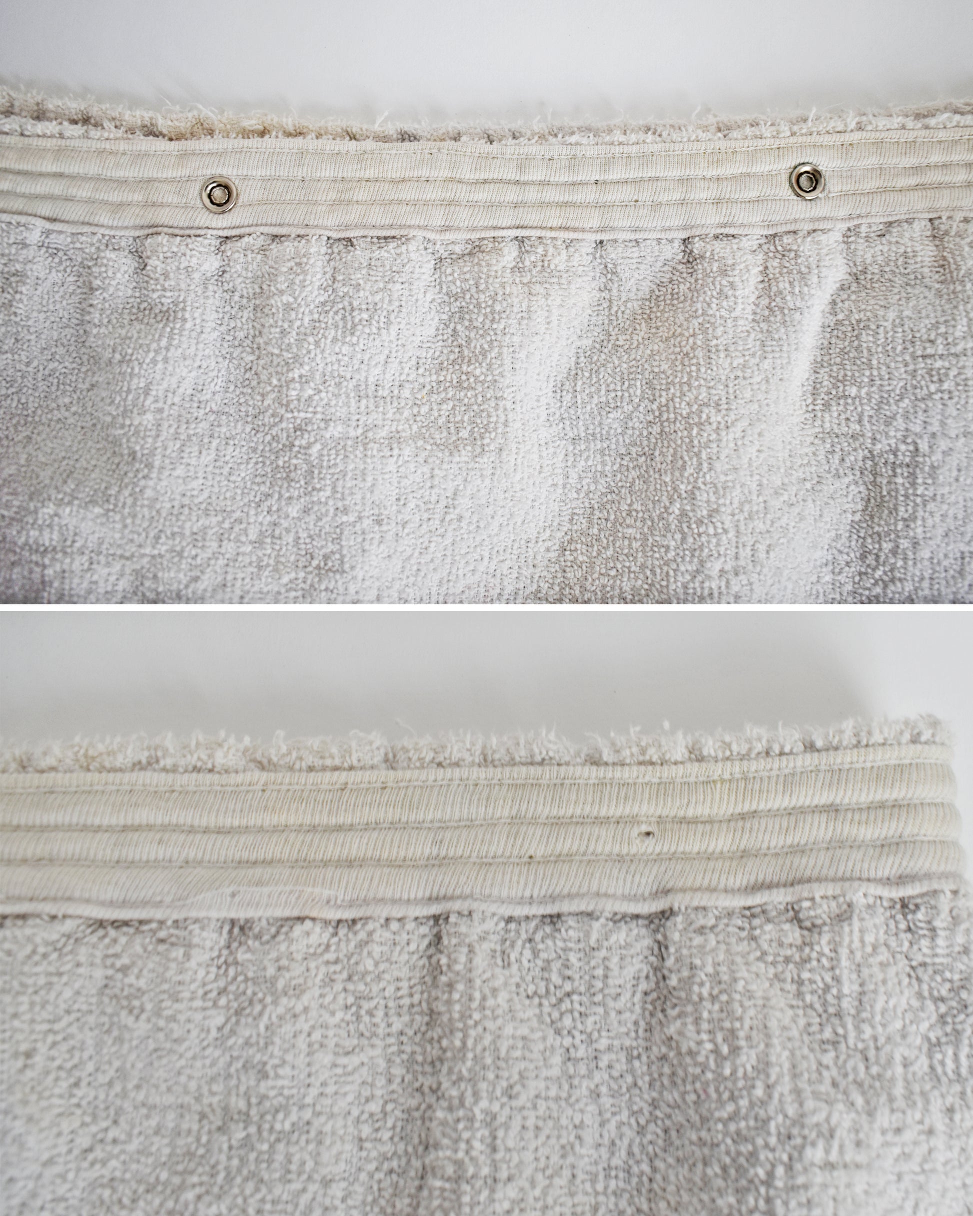 top and bottom photos of the inside waistband which has some small flaws