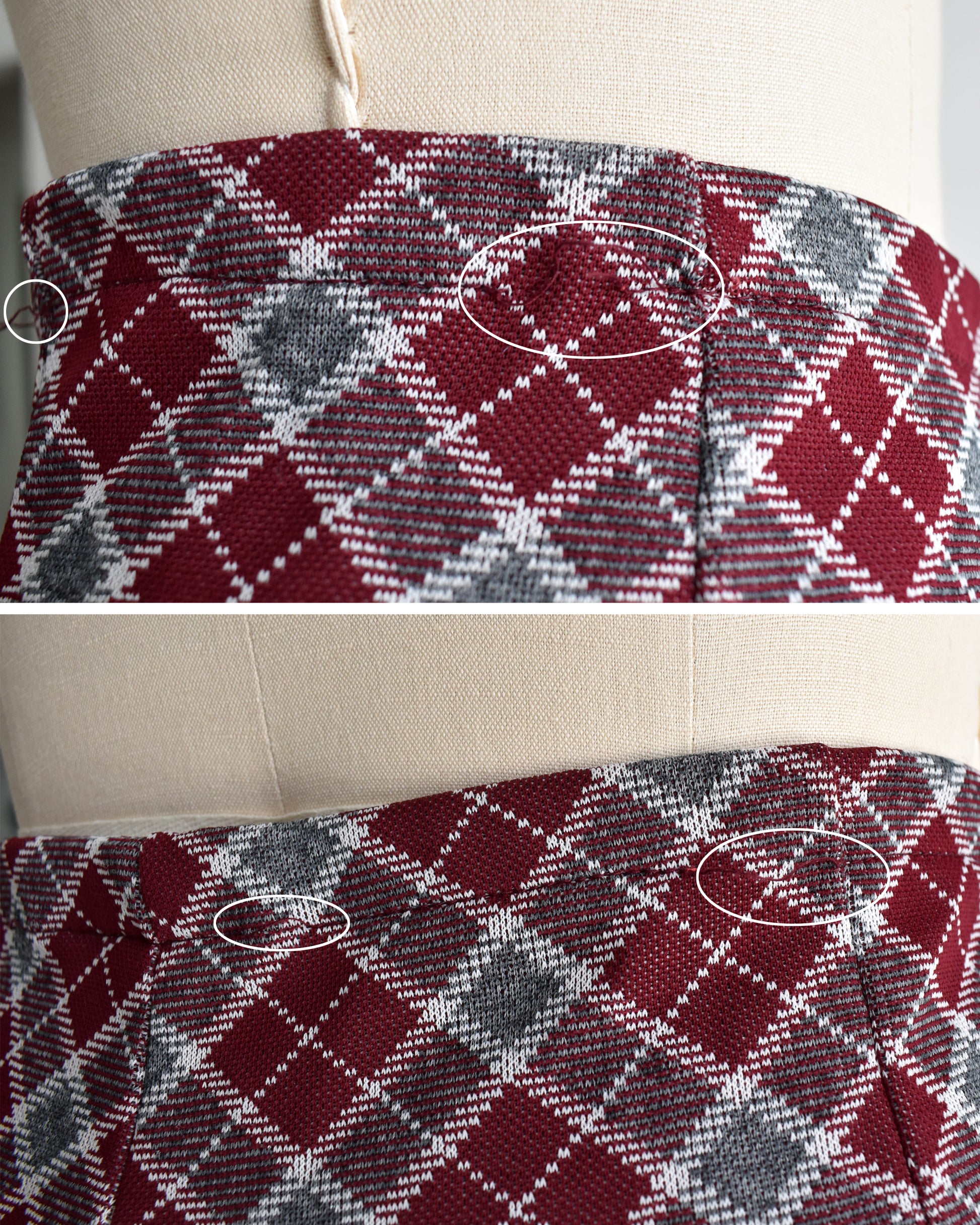 close up of the waistline showing pulls in the seam