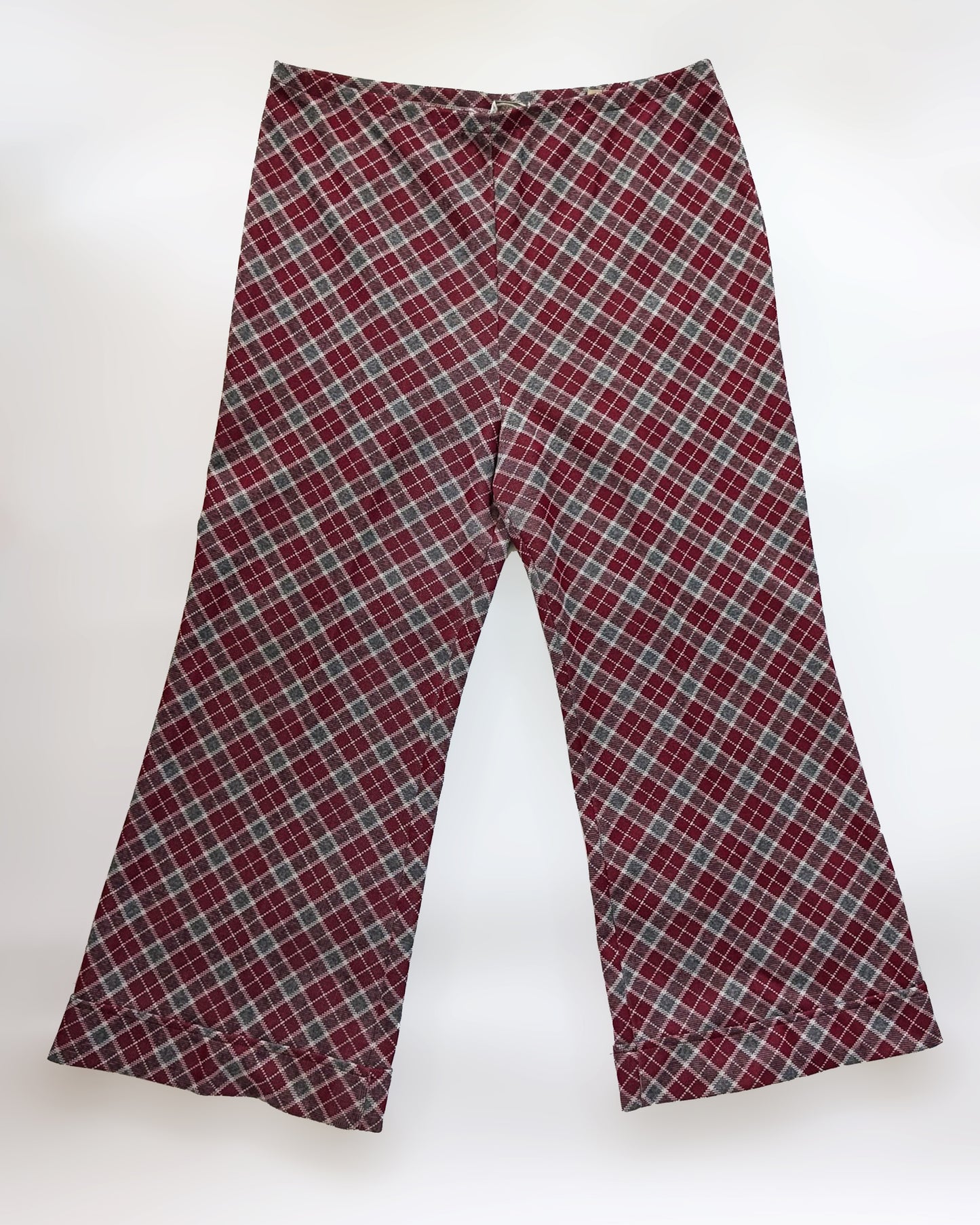 a vintage 1970s burgundy plaid bell bottom pants on a white background