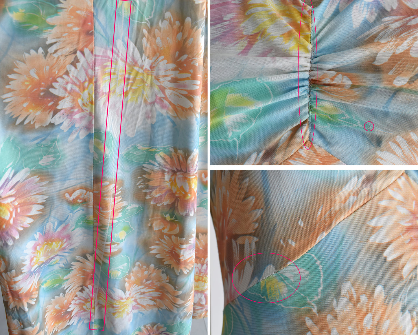 a collage of small flaws which include a white line in the print and some seam stressing
