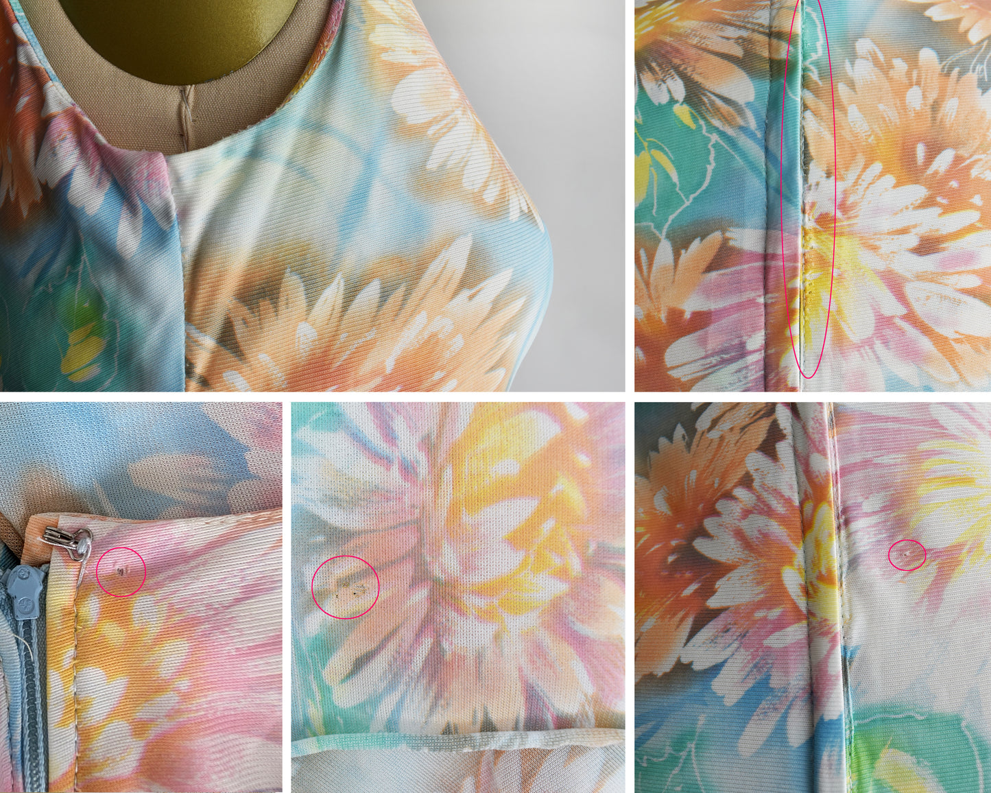 a photo collage of small flaws which include seam stressing, small pinholes, and a burn mark