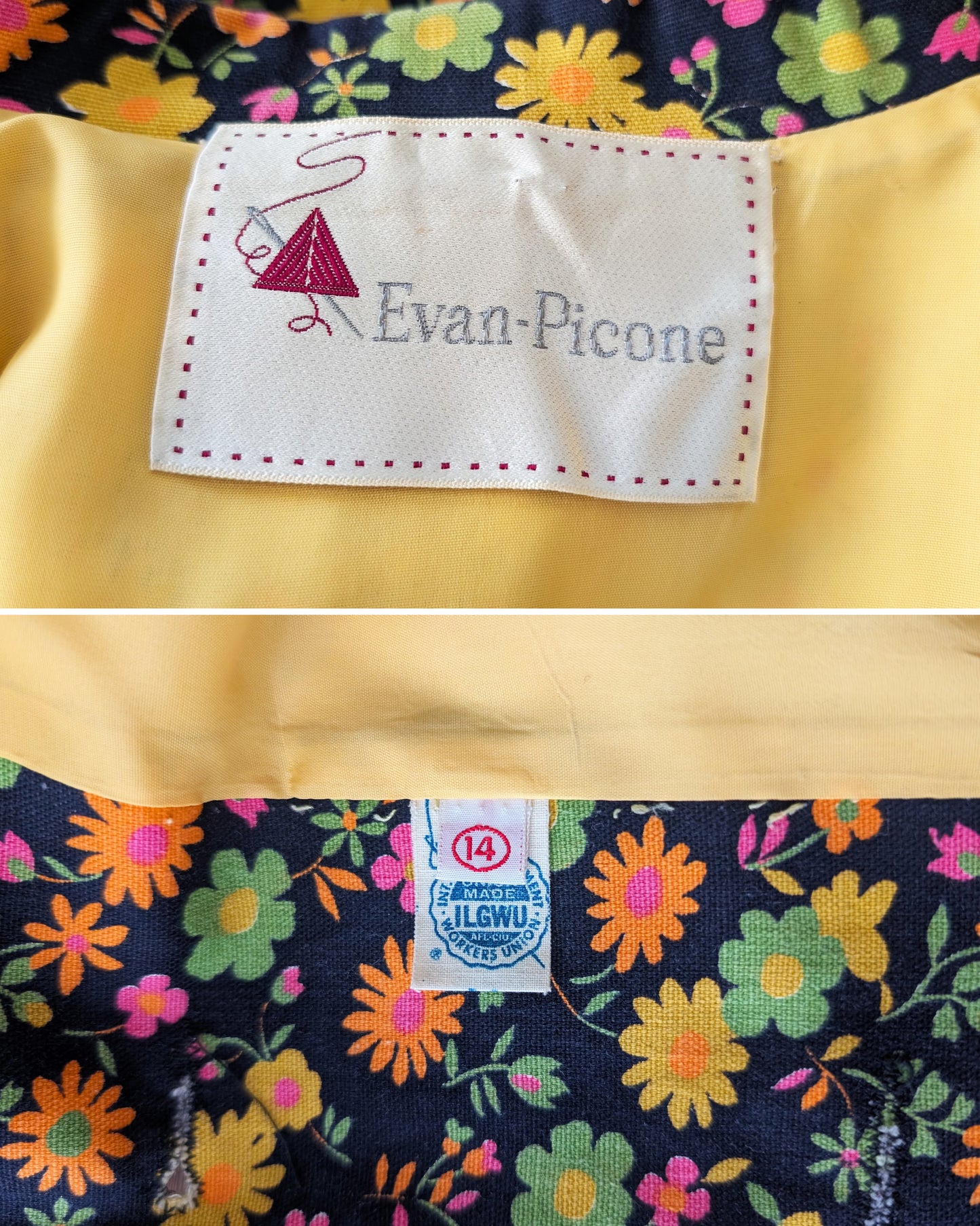 top and bottom photos of the labels which include the Evan-Picone tag and a 1963-1974 union label tag