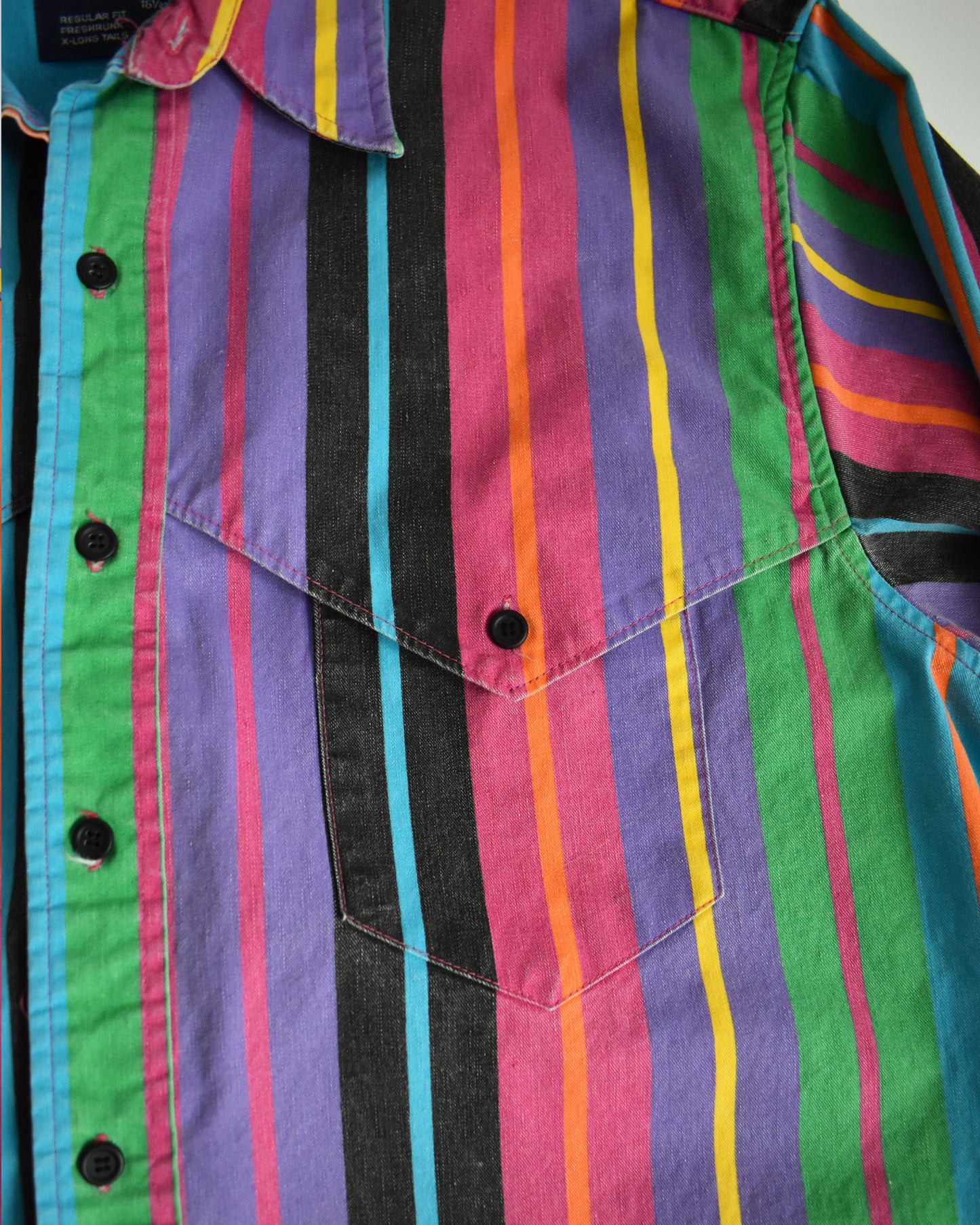 close up of one of the chest pockets on a vintage 90s Wrangler Brushpopper multicolored striped shirt on a white background