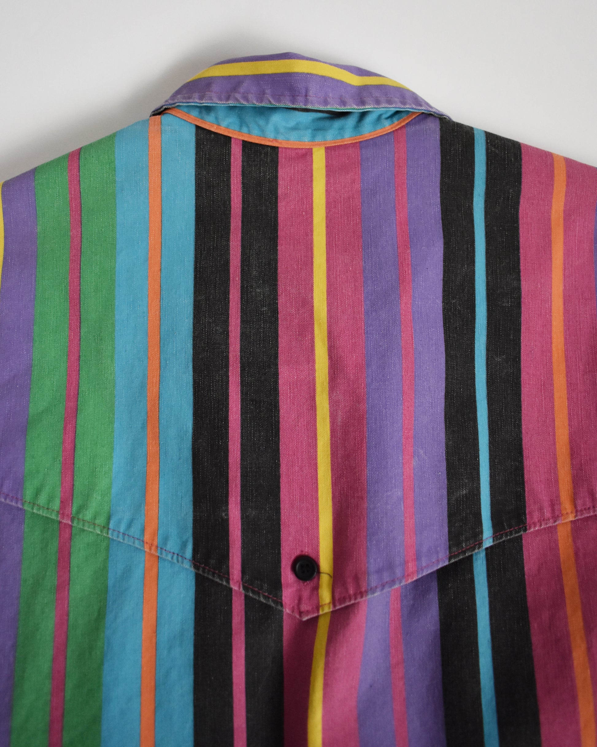 the upper back area of a vintage 90s Wrangler Brushpopper multicolored striped shirt on a white background