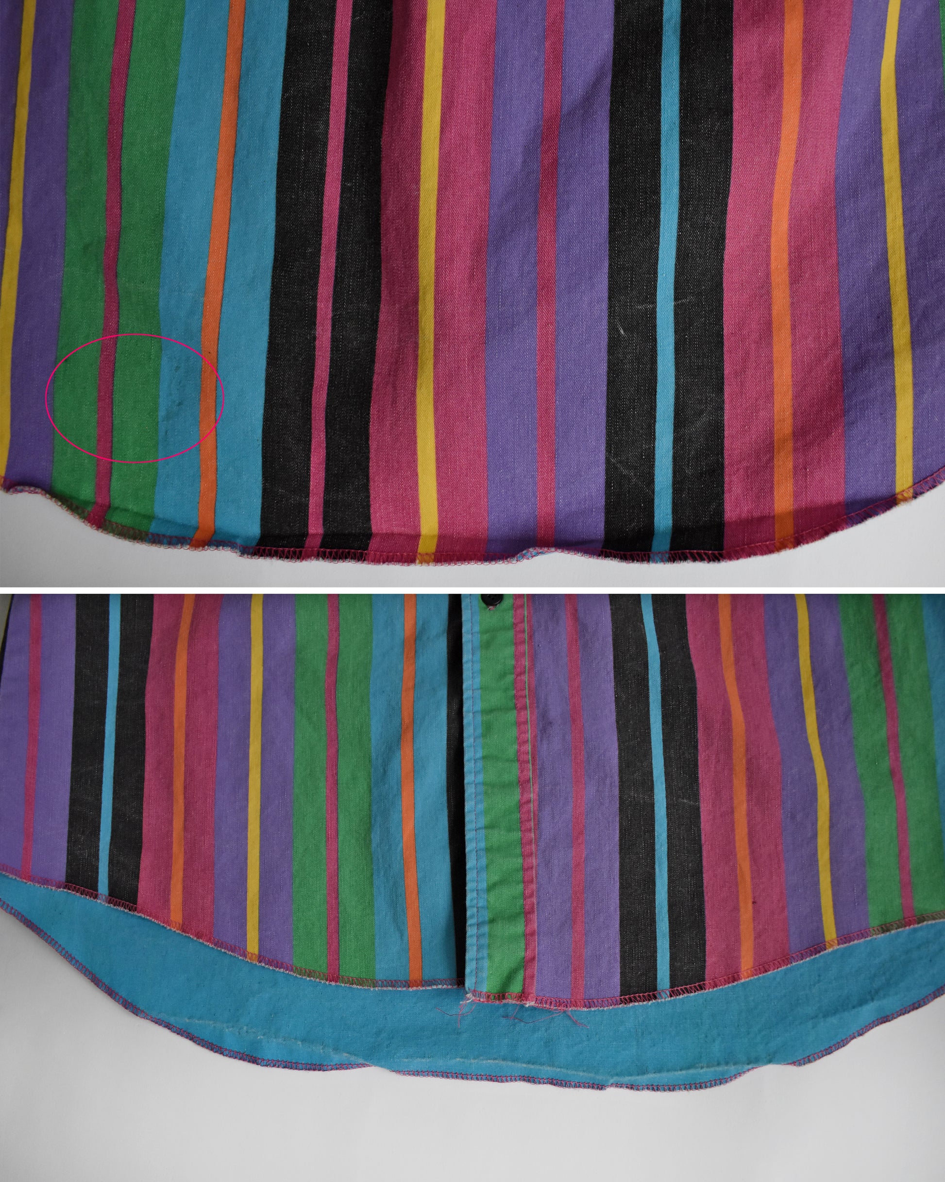 a photo collage showing a small stain and natural fade marks on the hem of a vintage 90s Wrangler Brushpopper multicolored striped shirt on a white background