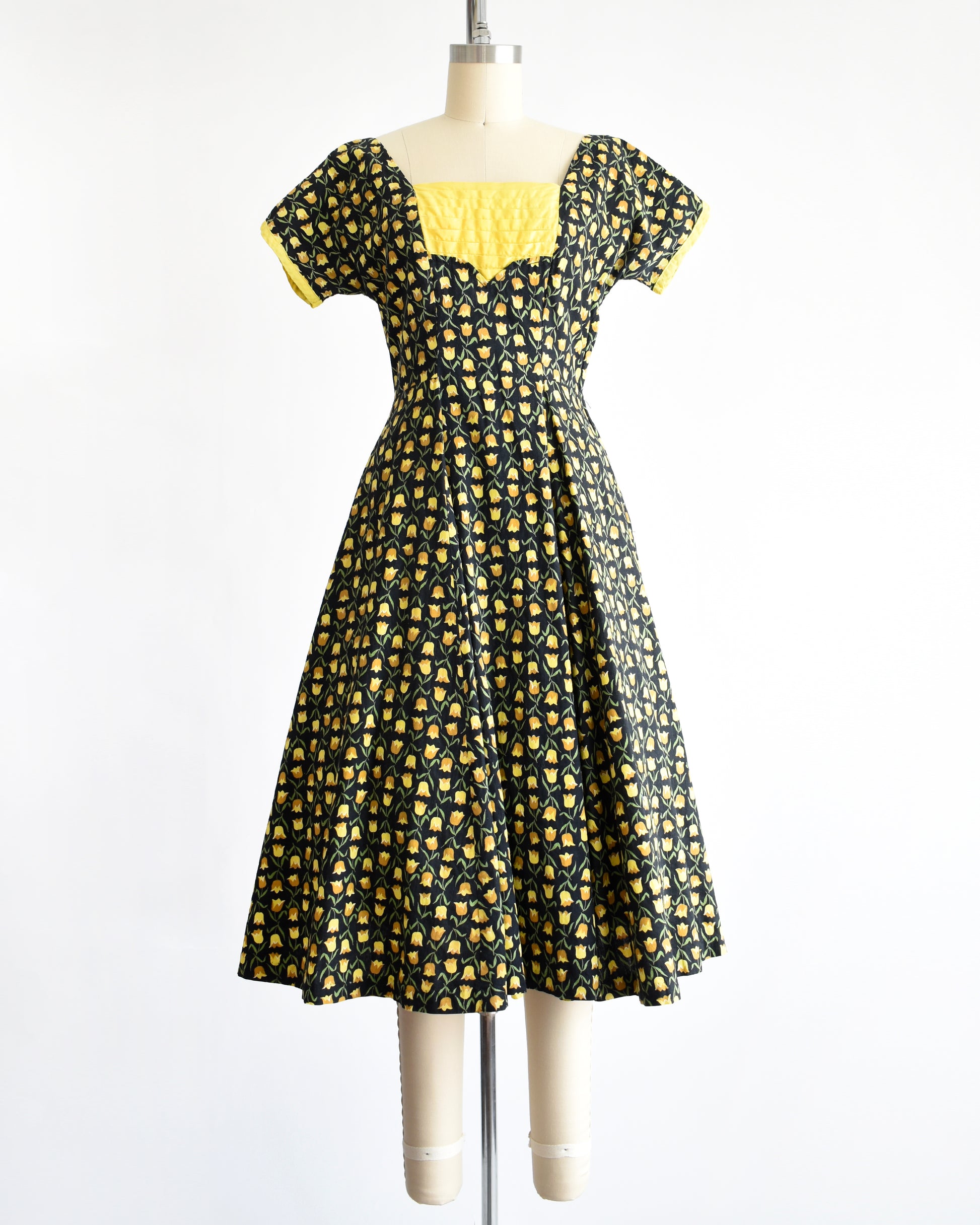 Vintage 1950s Black & Yellow Floral Fit & Flare Dress | small Rust Belt Threads Vintage 1950s Black & Yellow Floral Fit & Flare Dress | small Rust Belt Threads