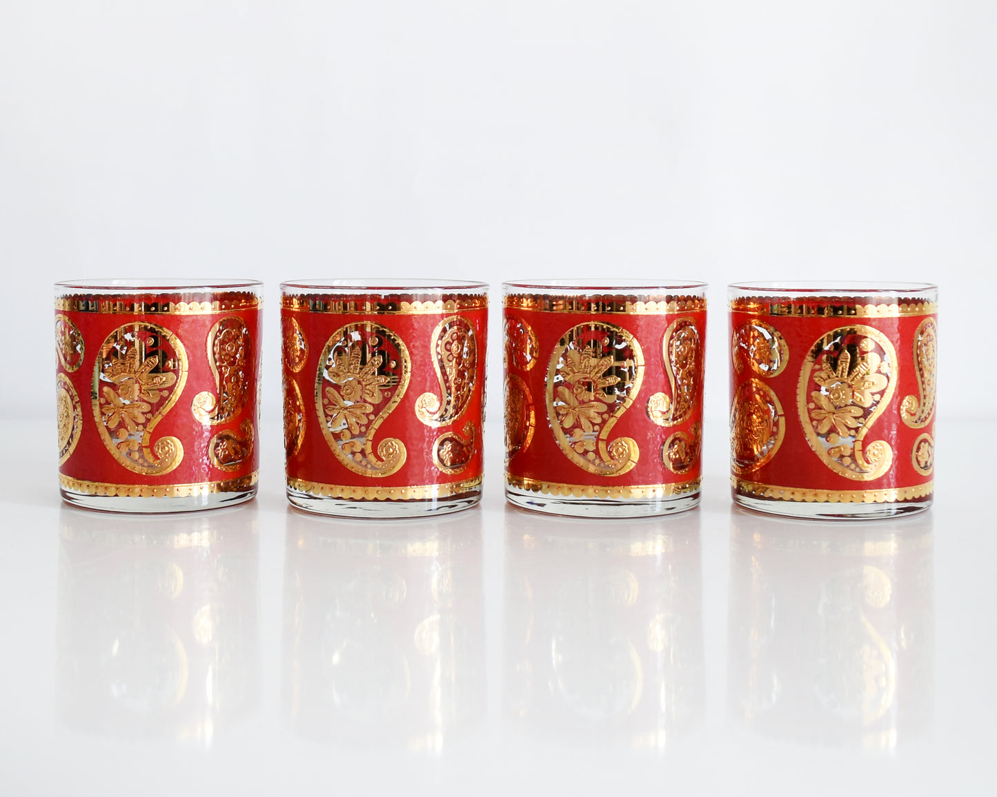 Vintage 1960s Red & Gold Paisley Glasses by Culver on a white background