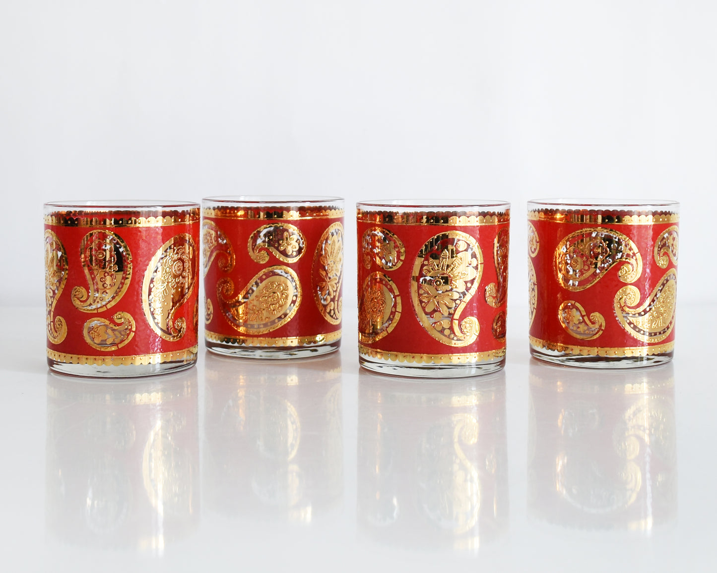 Vintage 1960s Red & Gold Paisley Glasses by Culver on a white background