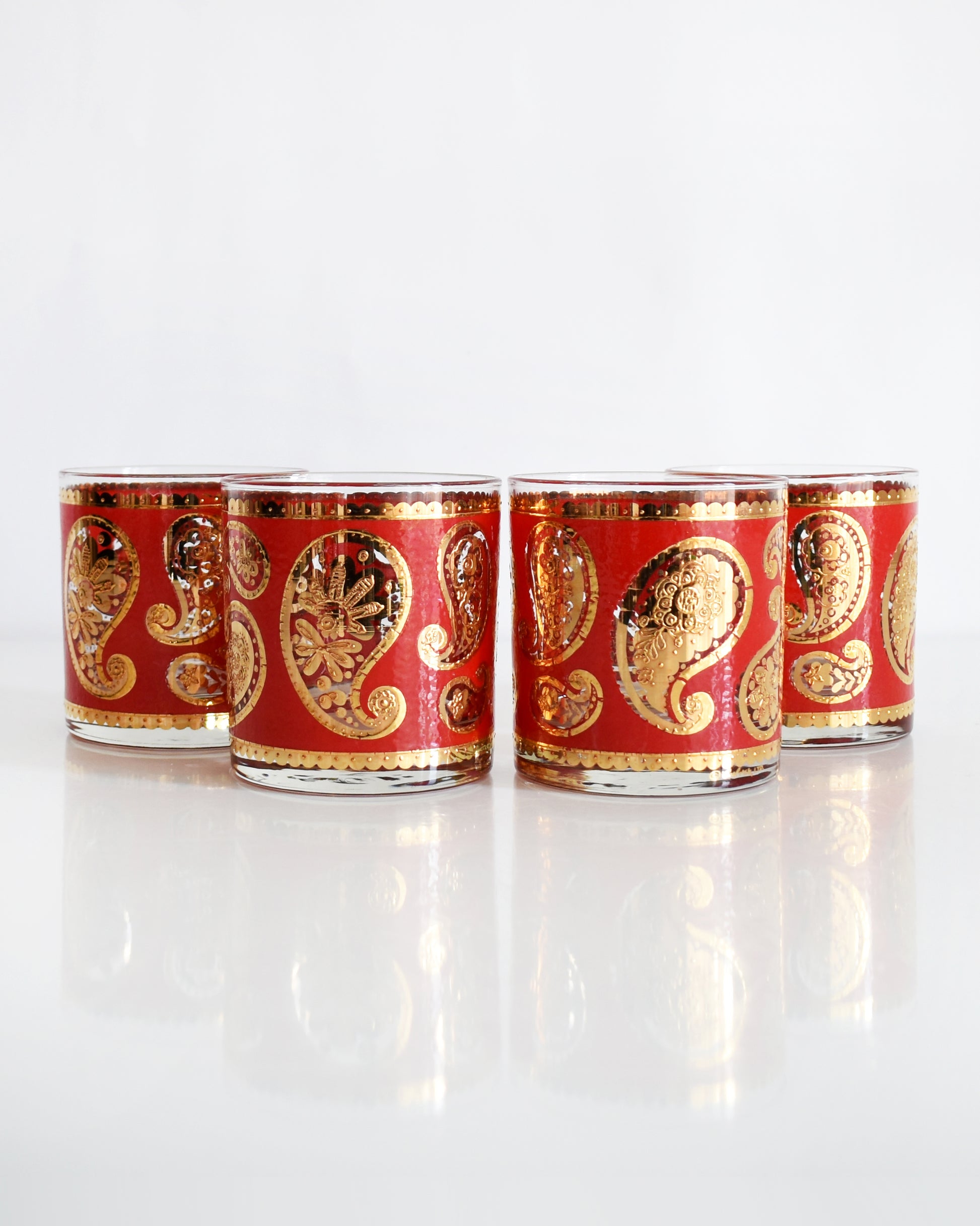 Vintage 1960s Red & Gold Paisley Glasses by Culver on a white background