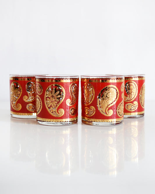 Vintage 1960s Red & Gold Paisley Glasses by Culver on a white background