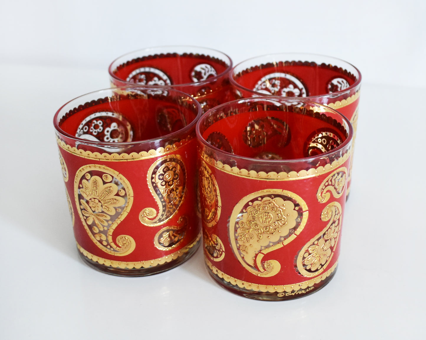 Vintage 1960s Red & Gold Paisley Glasses by Culver on a white background