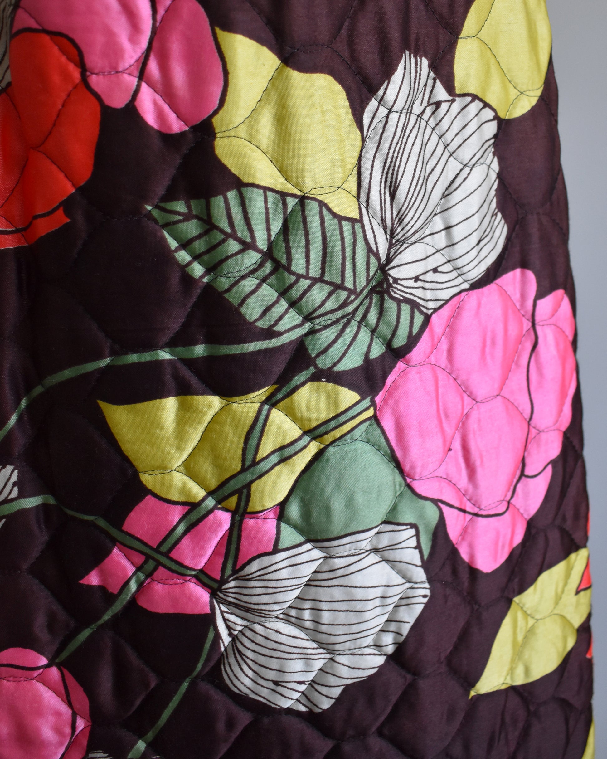 Close-up of the quilted skit with colorful floral patterns 