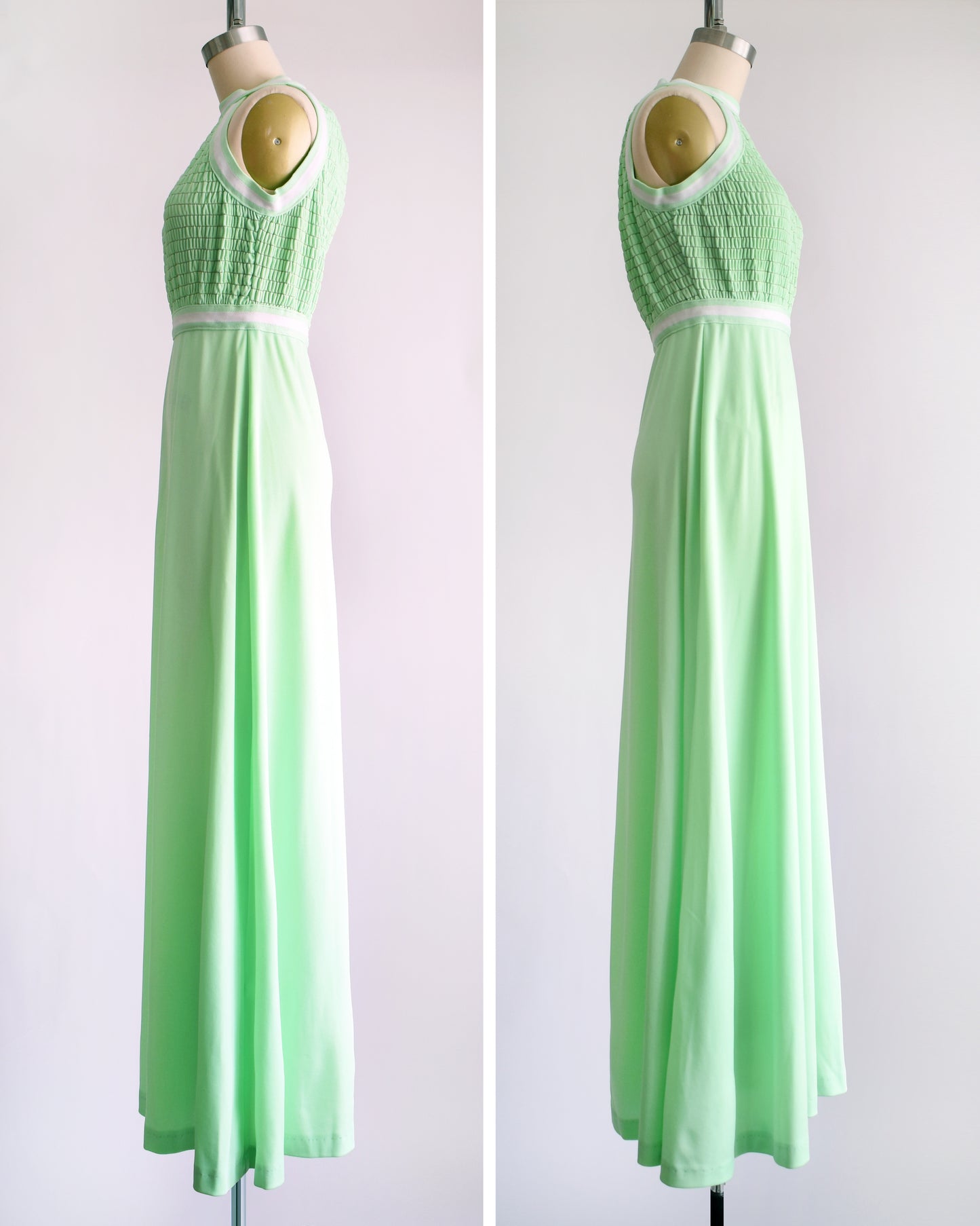side by side views of a vintage 1970s mint green sleeveless halter maxi dress with a smocked bodice and a flared skirt, displayed on a dress form against a plain light background.