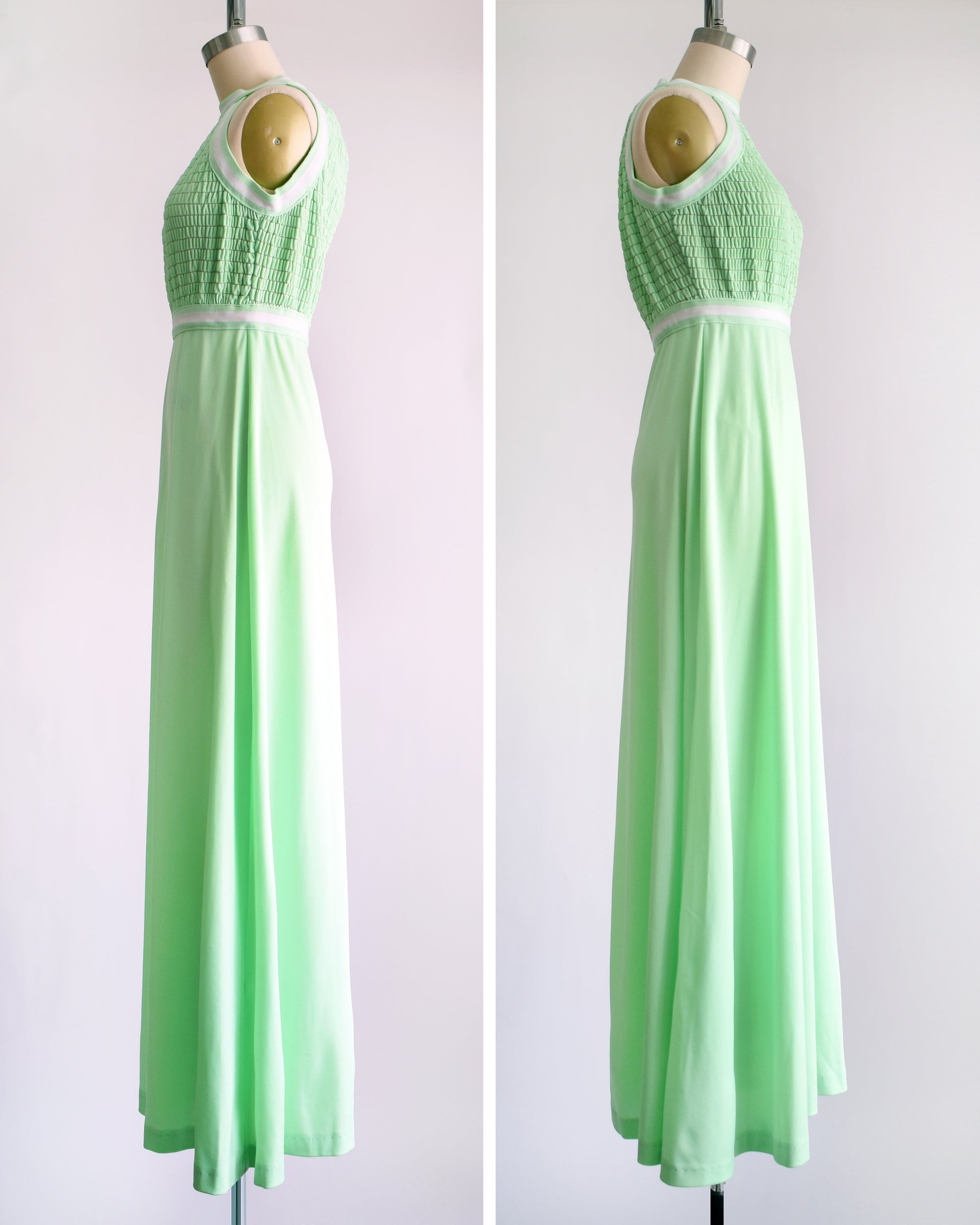 side by side views of a vintage 1970s mint green sleeveless halter maxi dress with a smocked bodice and a flared skirt, displayed on a dress form against a plain light background.