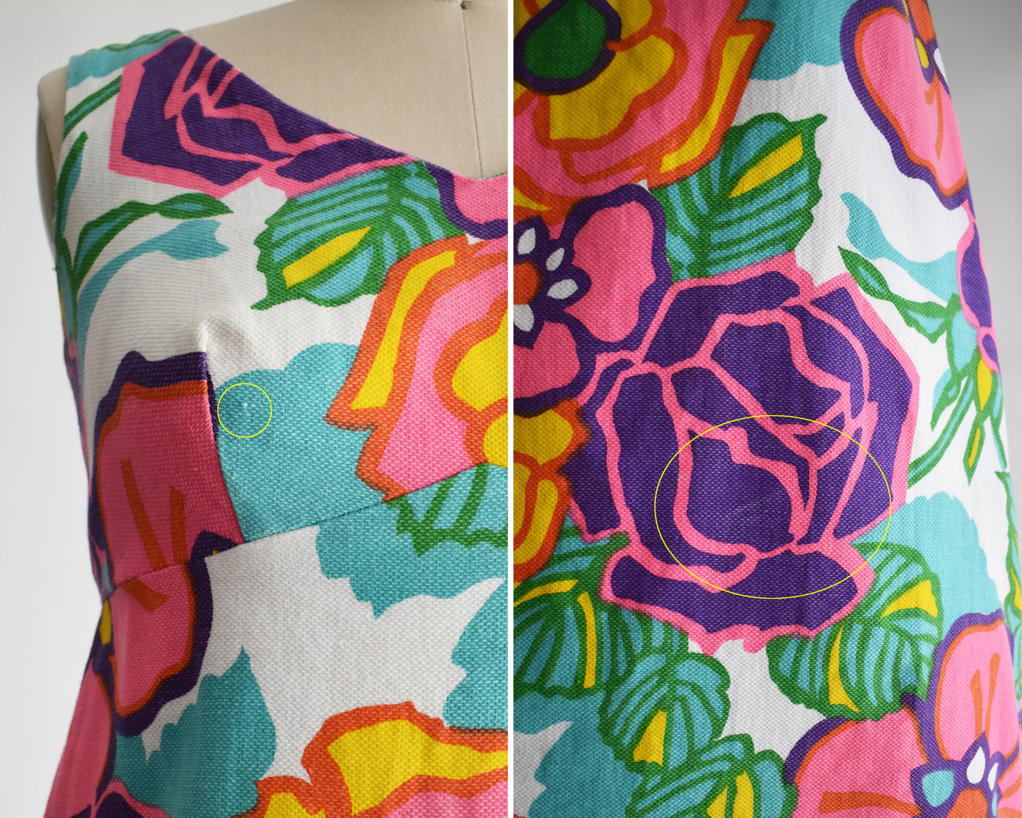 close up of small flaws including a small pull on the bodice and a faded spot on the front
